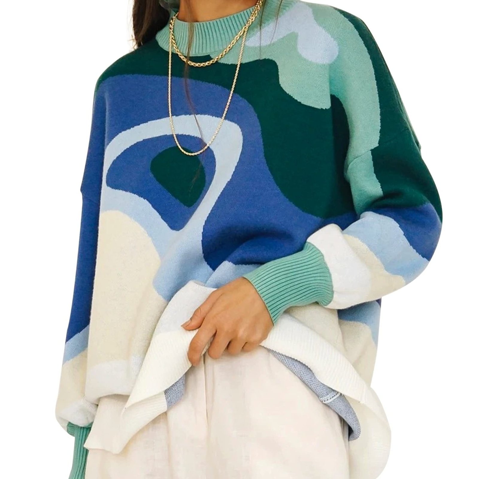 829826ed4e5e4f4d9f2baa2b49134b0e Plus Size Casual Sweater, Women's Plus Abstract Print Long Sleeve Mock Neck Medium Stretch Pullover Jumper