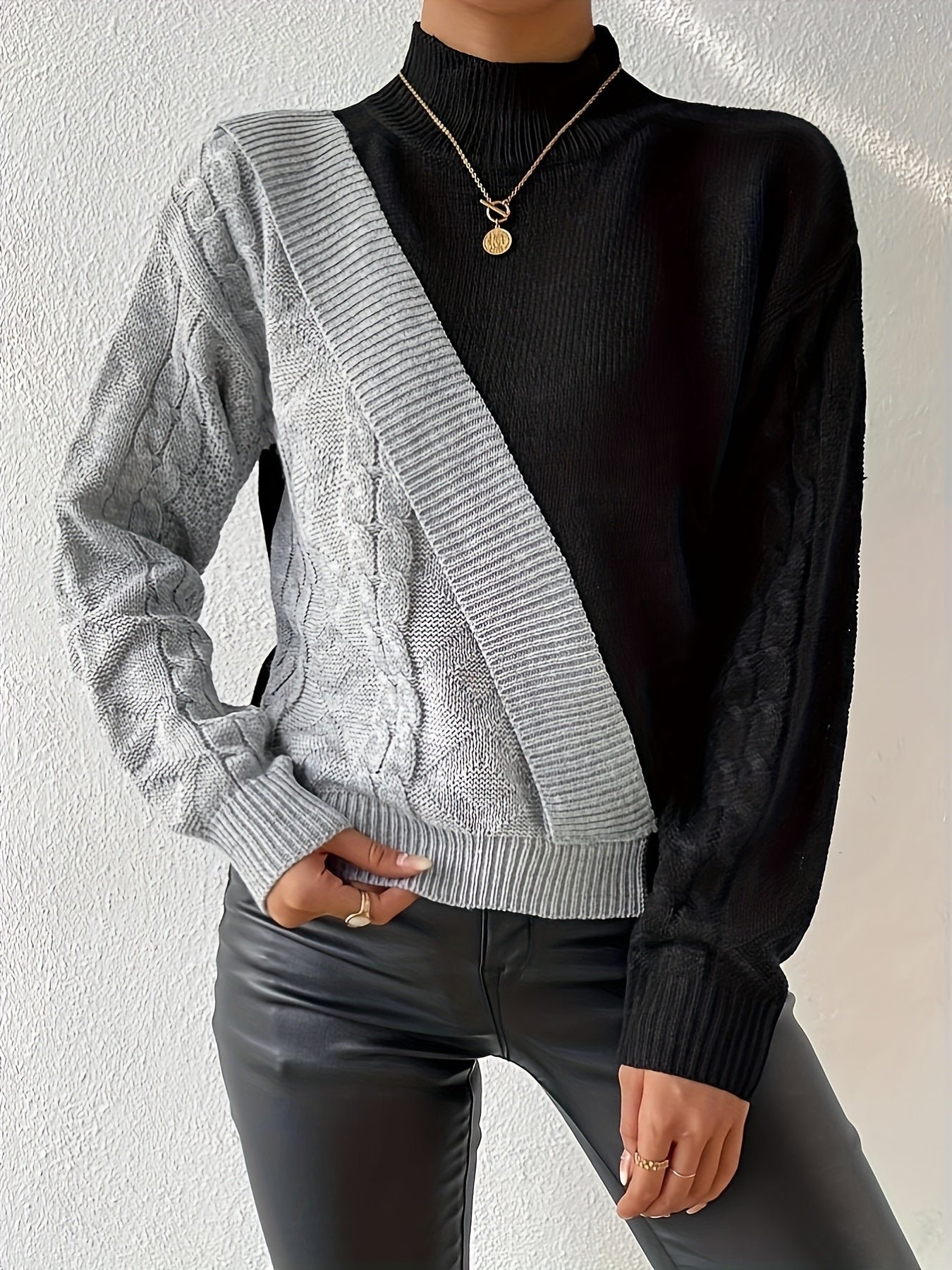 82fbbb67614c37c429edba046b01a84d-1 Color Block Mock Neck Pullover Sweater, Casual Long Sleeve Drop Shoulder Sweater, Women's Clothing