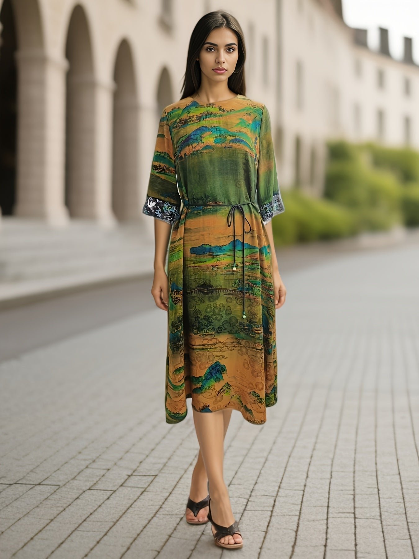 83969f49-f91a-4ab7-8398-32ecf7a376da-1 Graphic Print Tie Waist Dress, Vintage Half Sleeve Dress For Spring & Fall, Women's Clothing