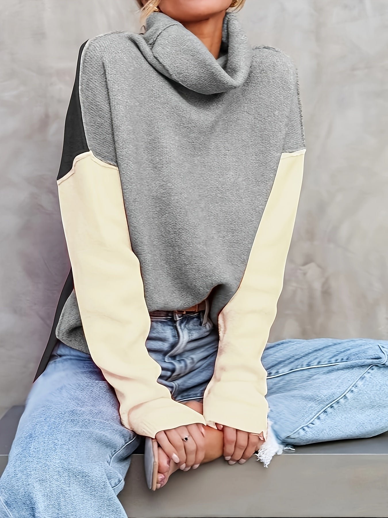 84e91475bc98ba09e10e9ad7d1bf6c0e-1 Color Block Turtle Neck Pullover Sweater, Casual Long Sleeve Split Side Sweater For Fall & Winter, Women's Clothing