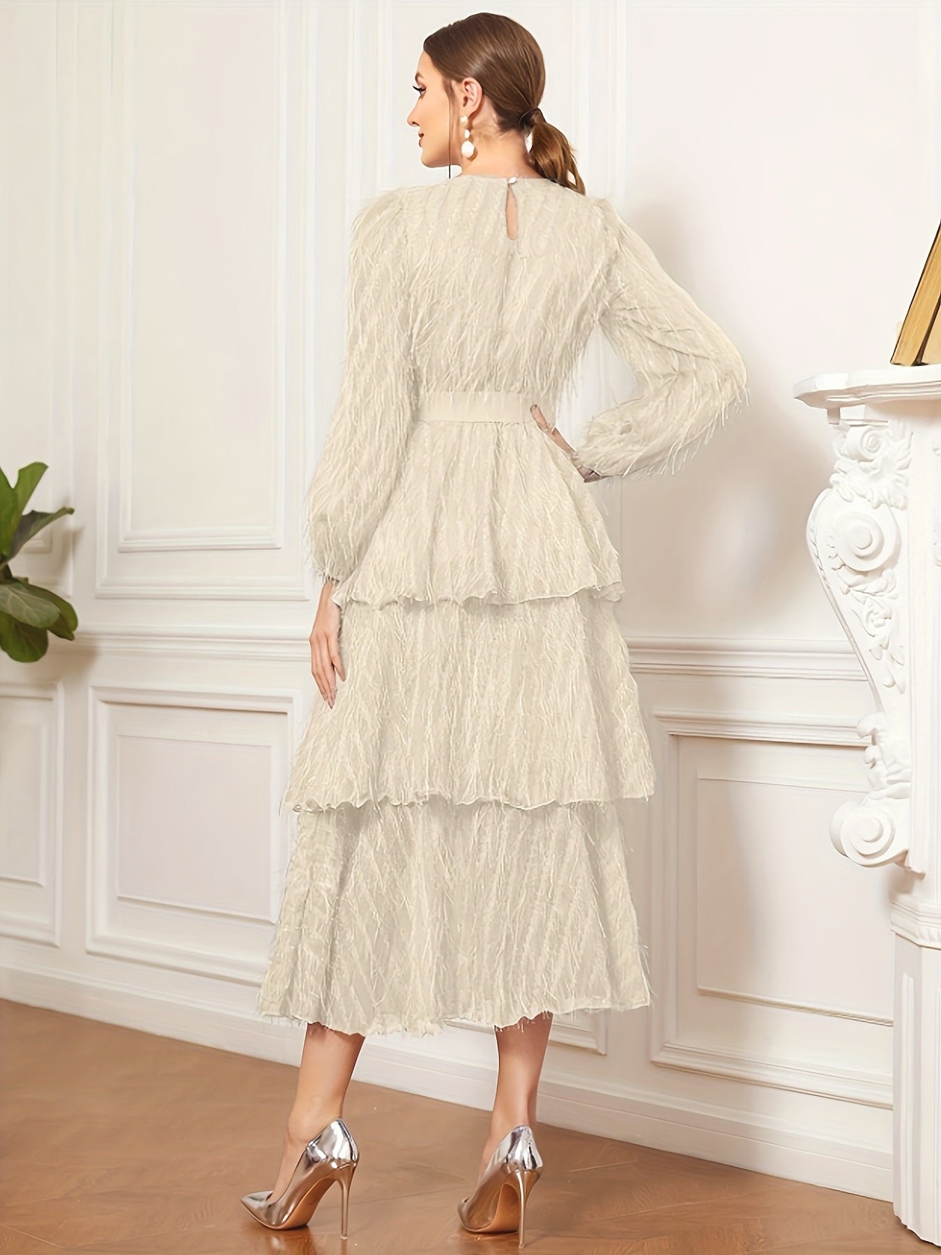 Raw Trim Waist Layer Ruffle Dress, Elegant Puff Long Sleeve Crew Neck Dress, Women's Clothing Wedding graduation engagement occasion ceremony party holiday vacation birthday