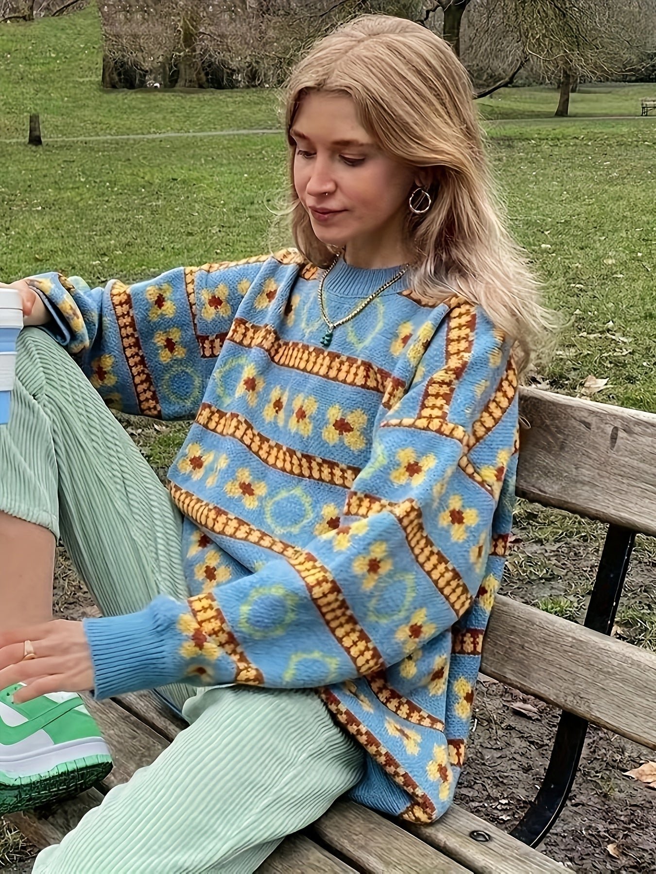 Plus Size Casual Sweater, Women's Plus Colorblock Floral Print Long Sleeve Round Neck Jumper