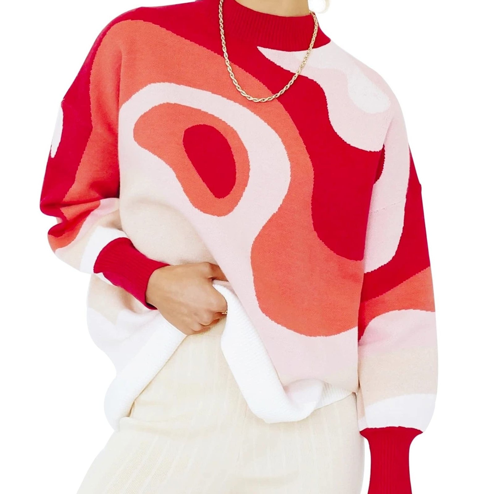 861b596b628d872249098c8585abd750 Plus Size Casual Sweater, Women's Plus Abstract Print Long Sleeve Mock Neck Medium Stretch Pullover Jumper