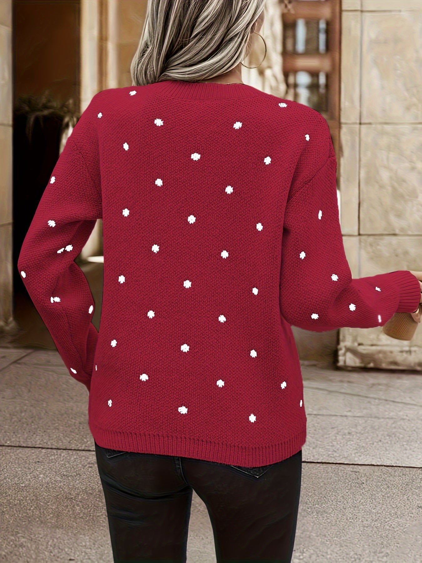Polka Dot Pattern Knit Sweater, Casual Long Sleeve Crew Neck Sweater, Women's Clothing