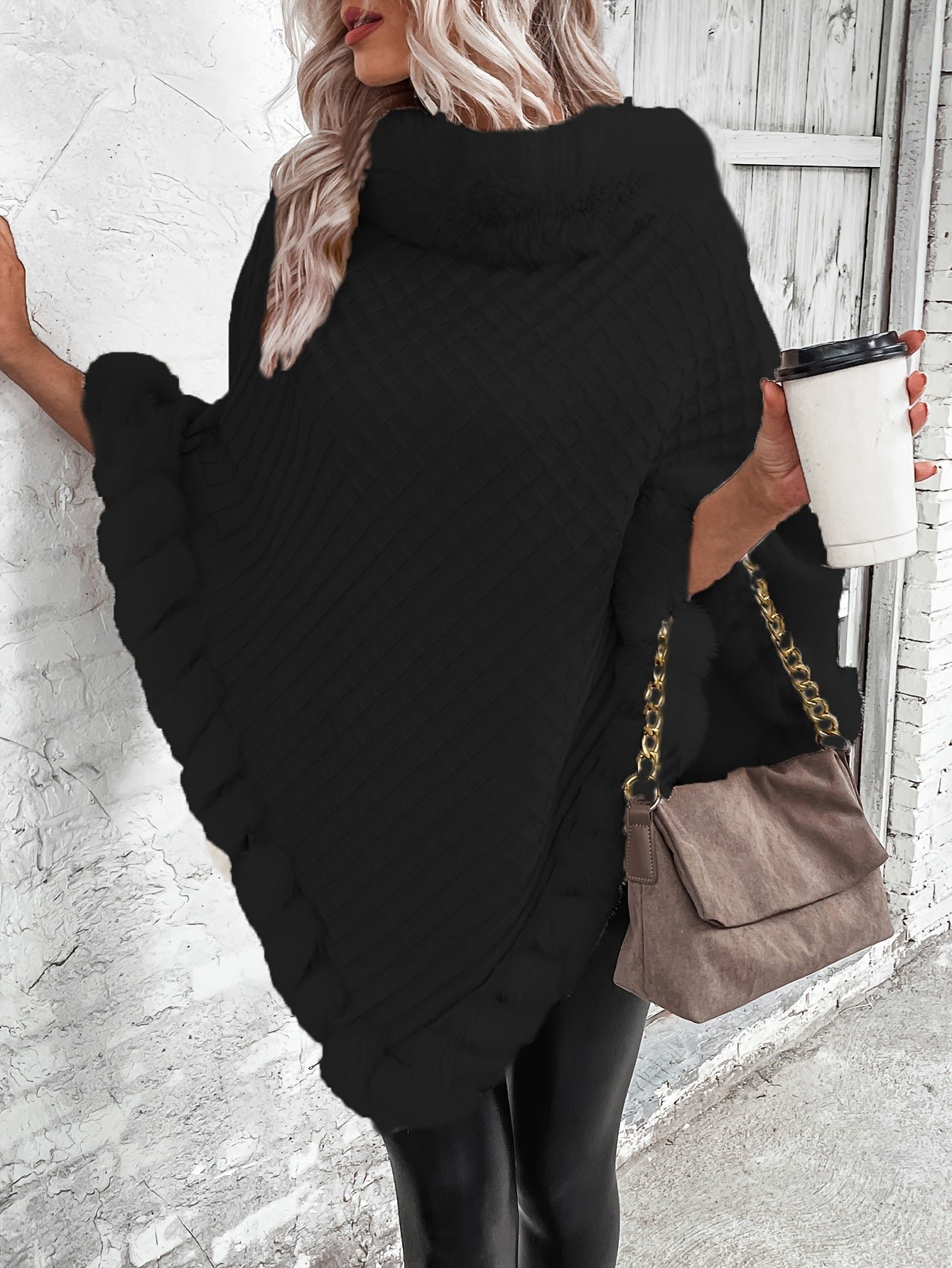 Fur-Trim Hanky Hem Pullover Sweater, Elegant Long Sleeve Turtle Neck Sweater For Winter, Women's Clothing