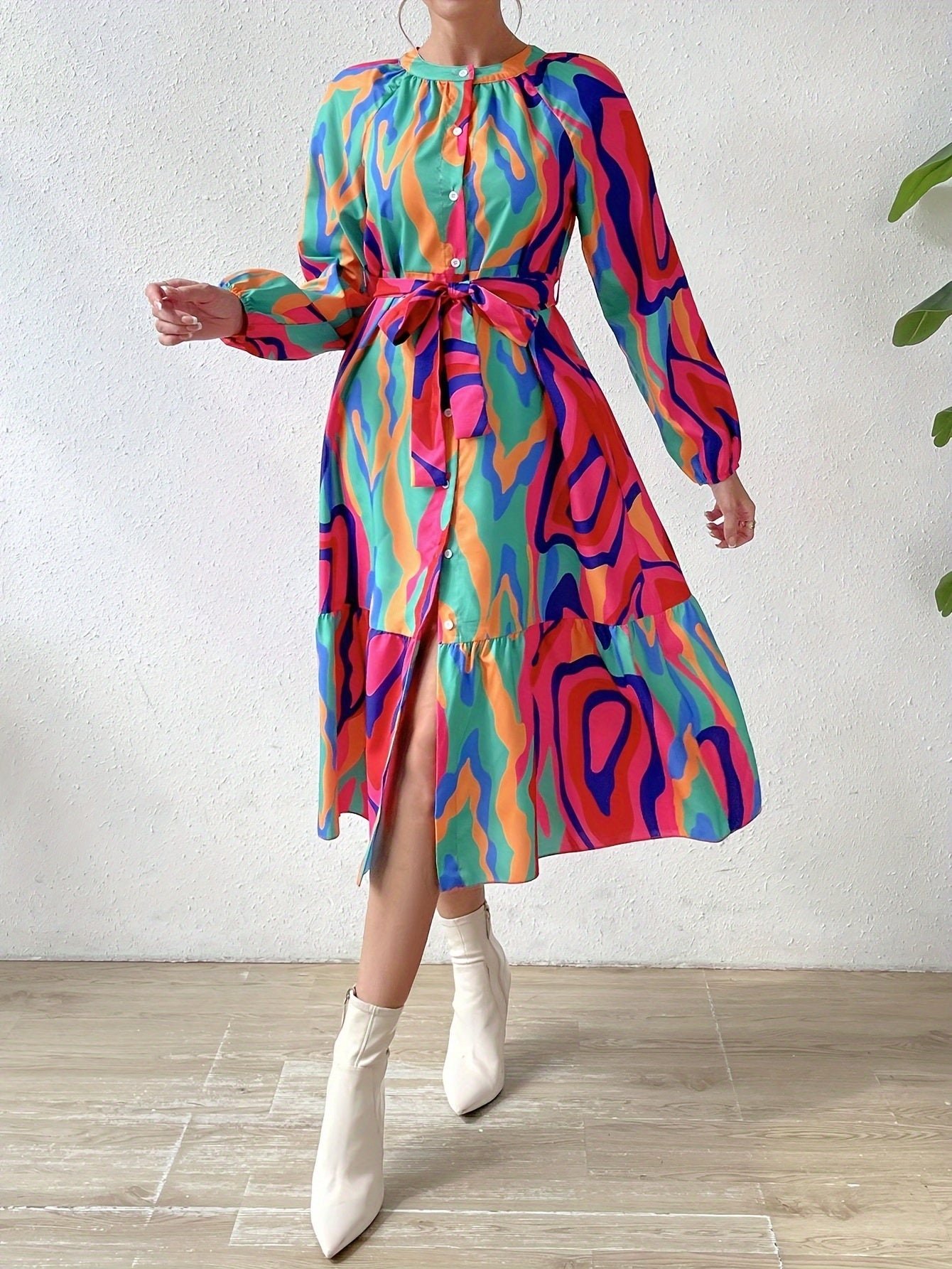 89a93767fb03ec92db49596346b55b12-1 Abstract Print Crew Neck Dress, Elegant Long Sleeve Belted Dress For Spring & Fall, Women's Clothing