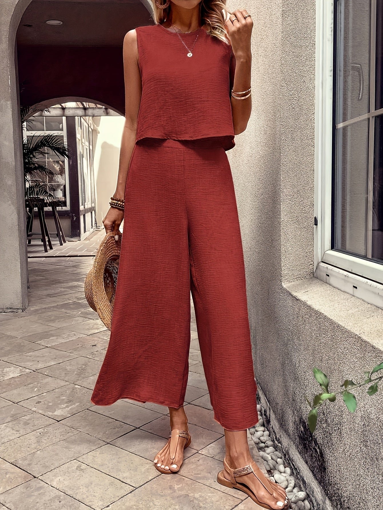 Solid Color Elegant Pantsuits Set, Crew Neck Tak Top & Wide Leg Pants Outits, Women's Clothing