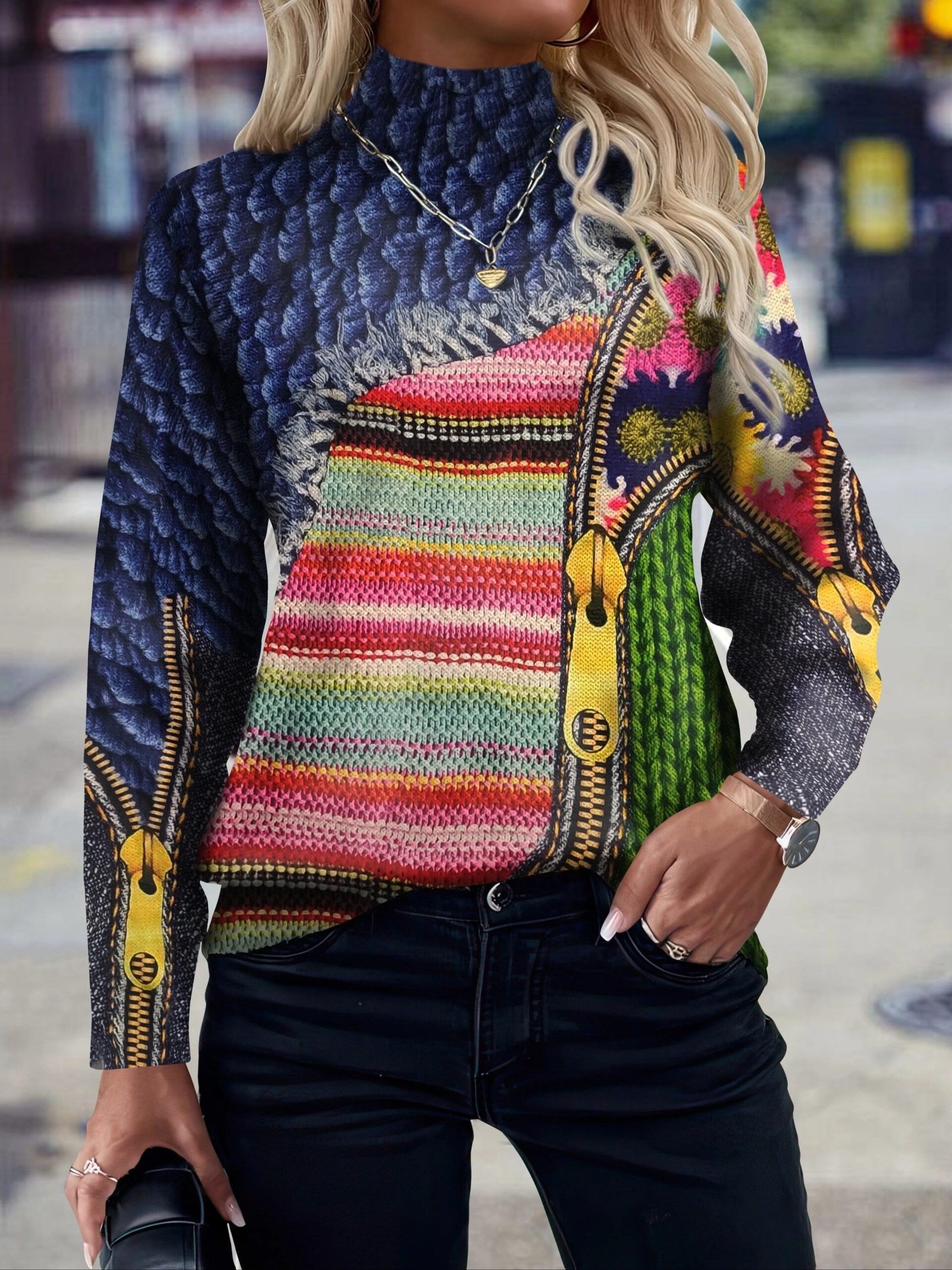 8a0fd84ed463104b0572c7dccd2975b3-1 FULL PRINTED Knitted Pullover, Casual Long Sleeve Mock Neck Top, Women's Clothing