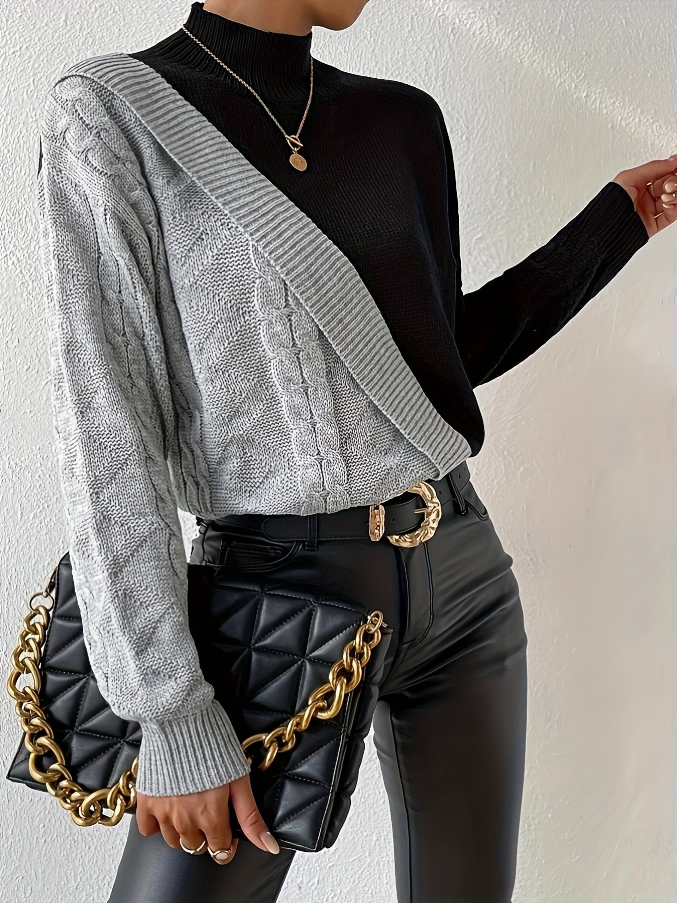 Color Block Mock Neck Pullover Sweater, Casual Long Sleeve Drop Shoulder Sweater, Women's Clothing