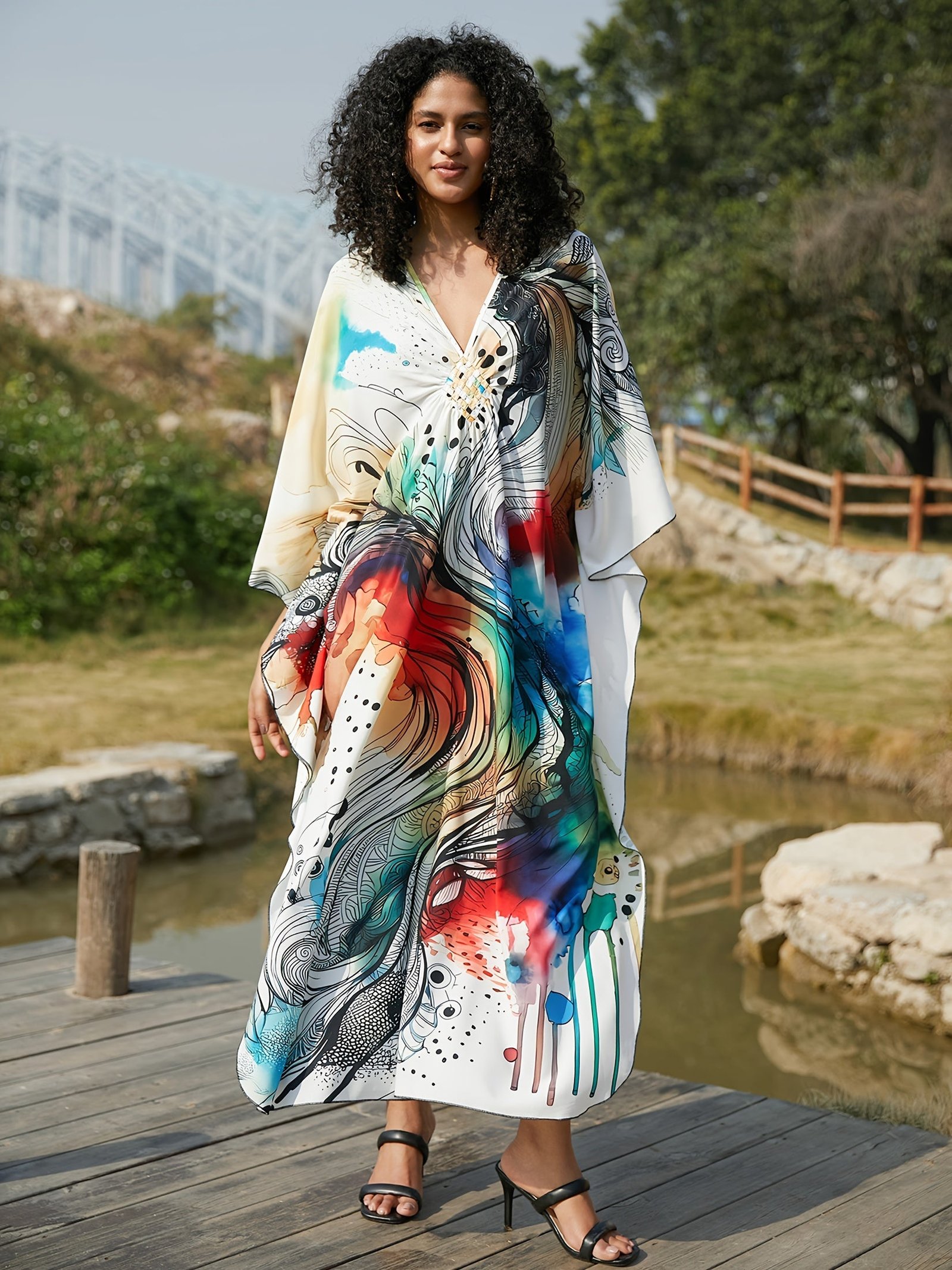 Plus Size Colorful Butterfly Print Slit Dress, Casual Batwing Sleeve Dress For Spring & Summer, Women's Plus Size Clothing