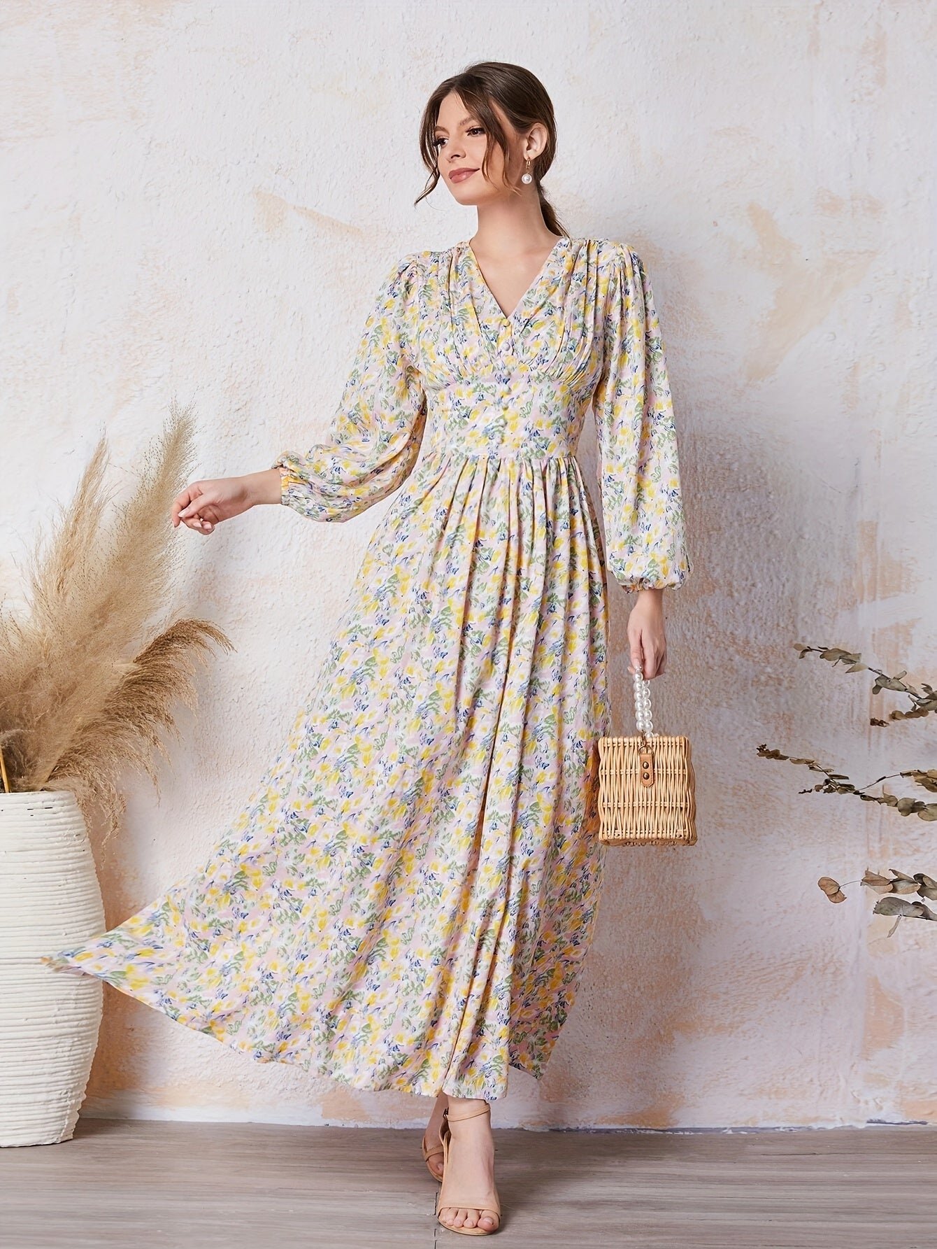 9463e57d-bca7-4691-9483-51b0fc5262aa-1 Floral Print V Neck Dress, Elegant Long Sleeve Dress For Spring & Summer, Women's Clothing