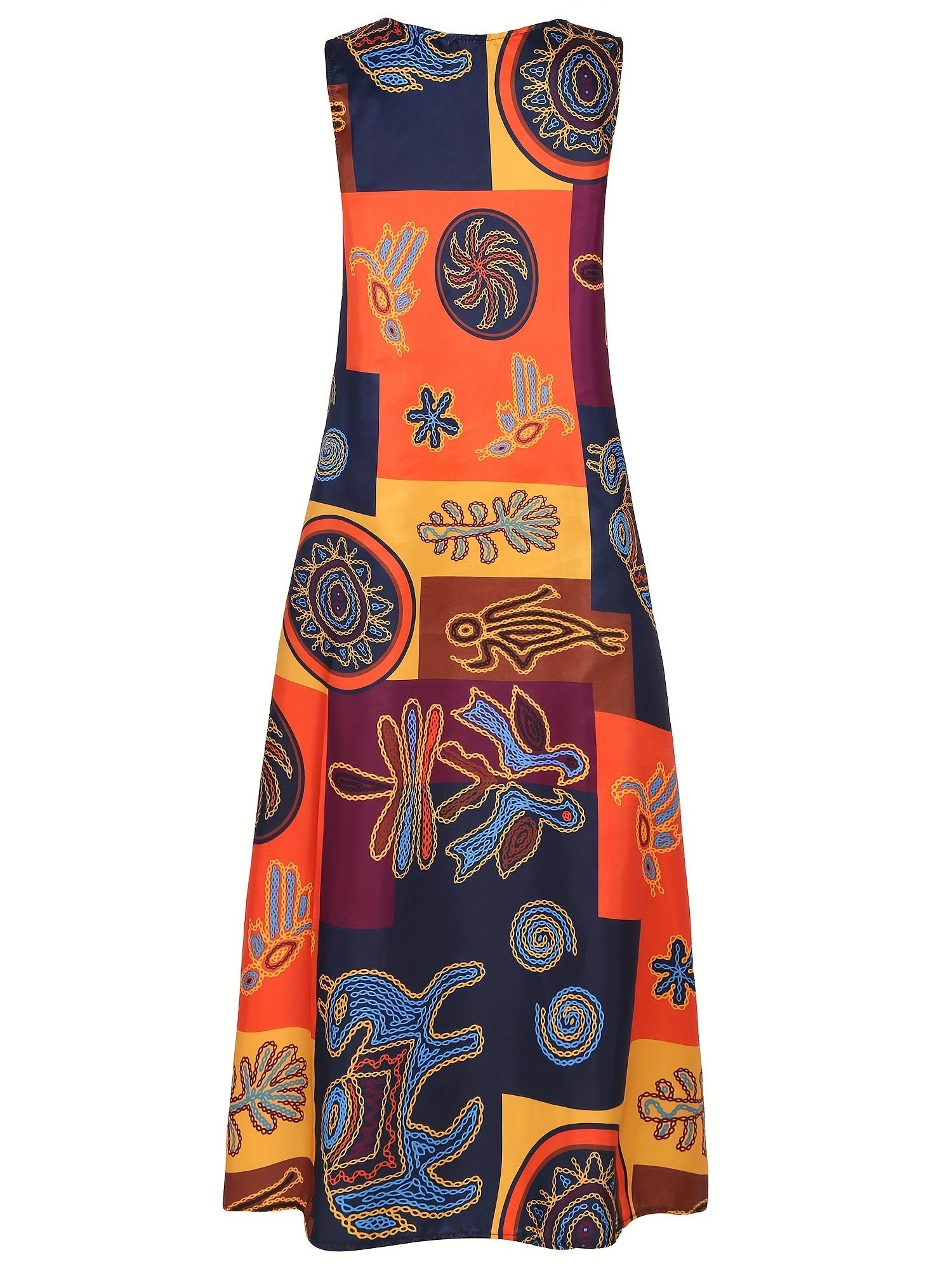 968030abeeb189e5f05c232b898e9a98-1 Ethnic Print V Neck Dress, Vintage Sleeveless Summer Maxi Dress With Pockets, Women's Clothing