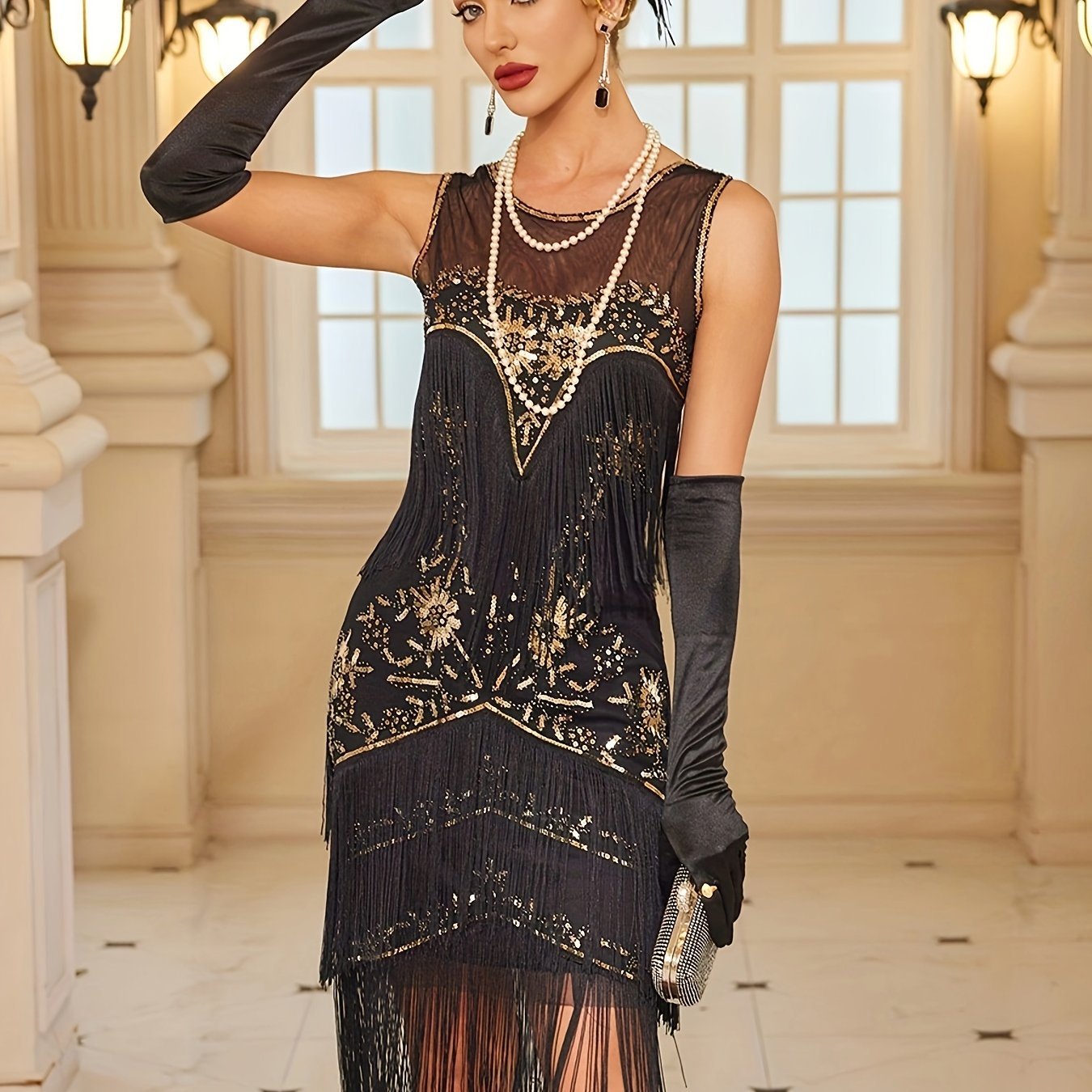 Sequined Fringe Trim Contrast Mesh Tank Dress, Vintage Sleeveless Crew Neck Party Dress, Women's Clothing