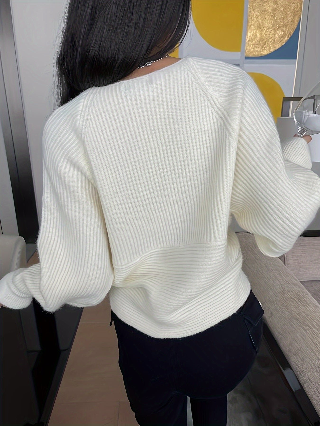 Rib-knit V Neck Loose Sweater, Elegant Long Sleeve Sweater For Fall & Winter, Women's Clothing