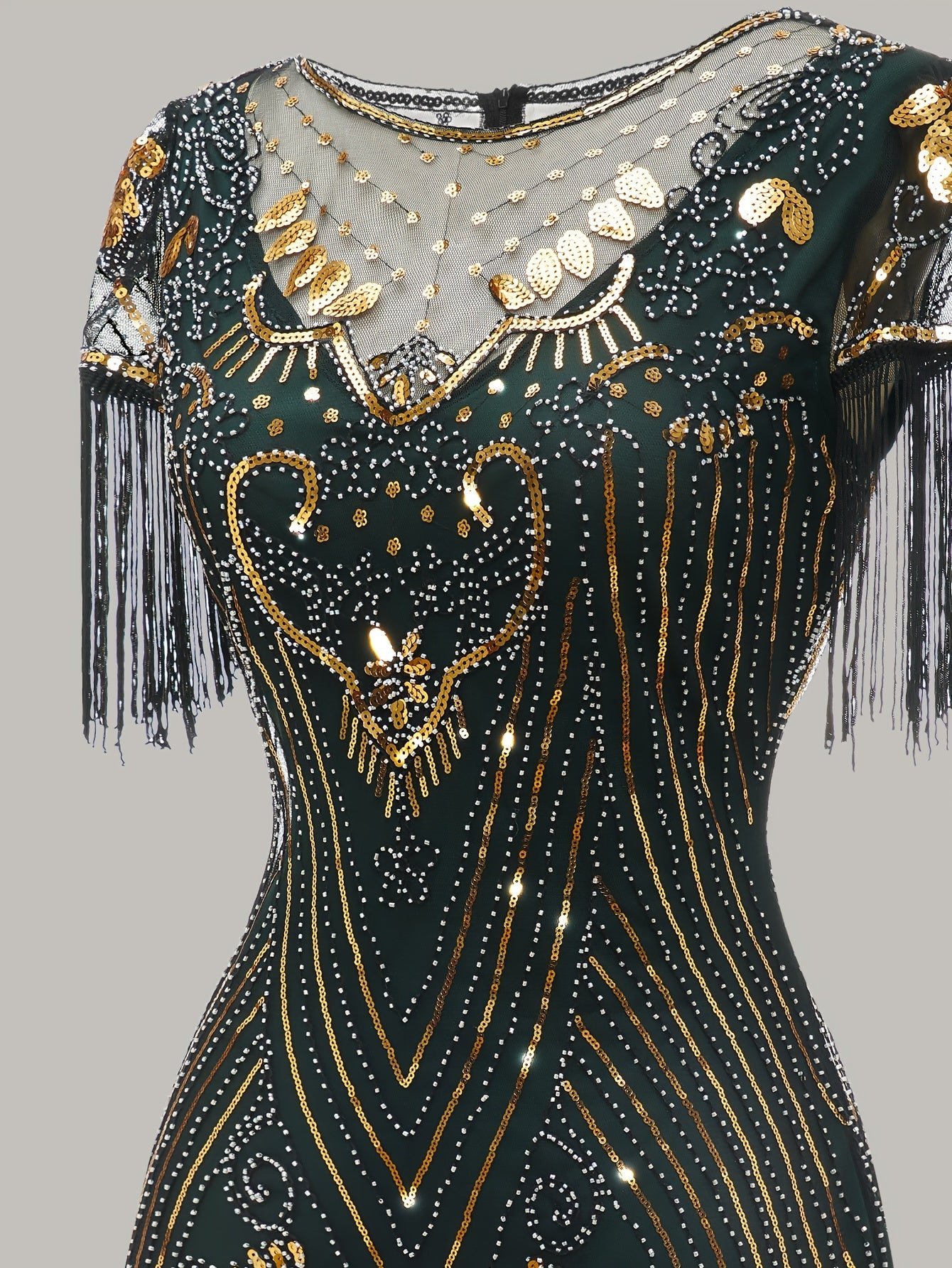 Tassel Sequined V Neck Dress, Elegant Crew Neck Short Sleeve Dress For Party & Banquet, Women's Clothing