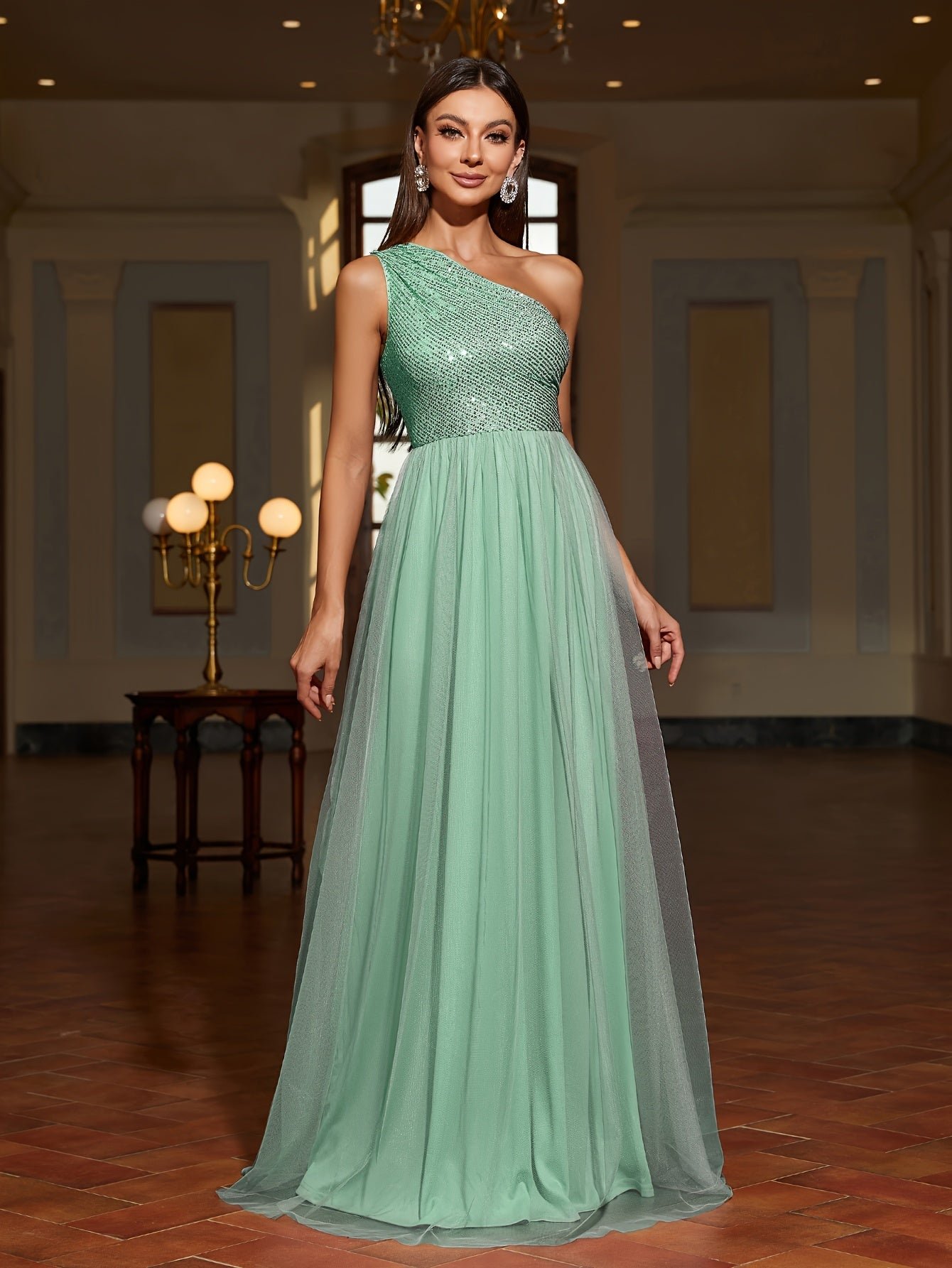 a251b816-5a10-472e-b433-6ba54c732801-1 Sequin One Shoulder Contrast Mesh Dress, Elegant Sleeveless Floor Length Formal Dress For Party & Banquet, Women's Clothing For Party Dressing