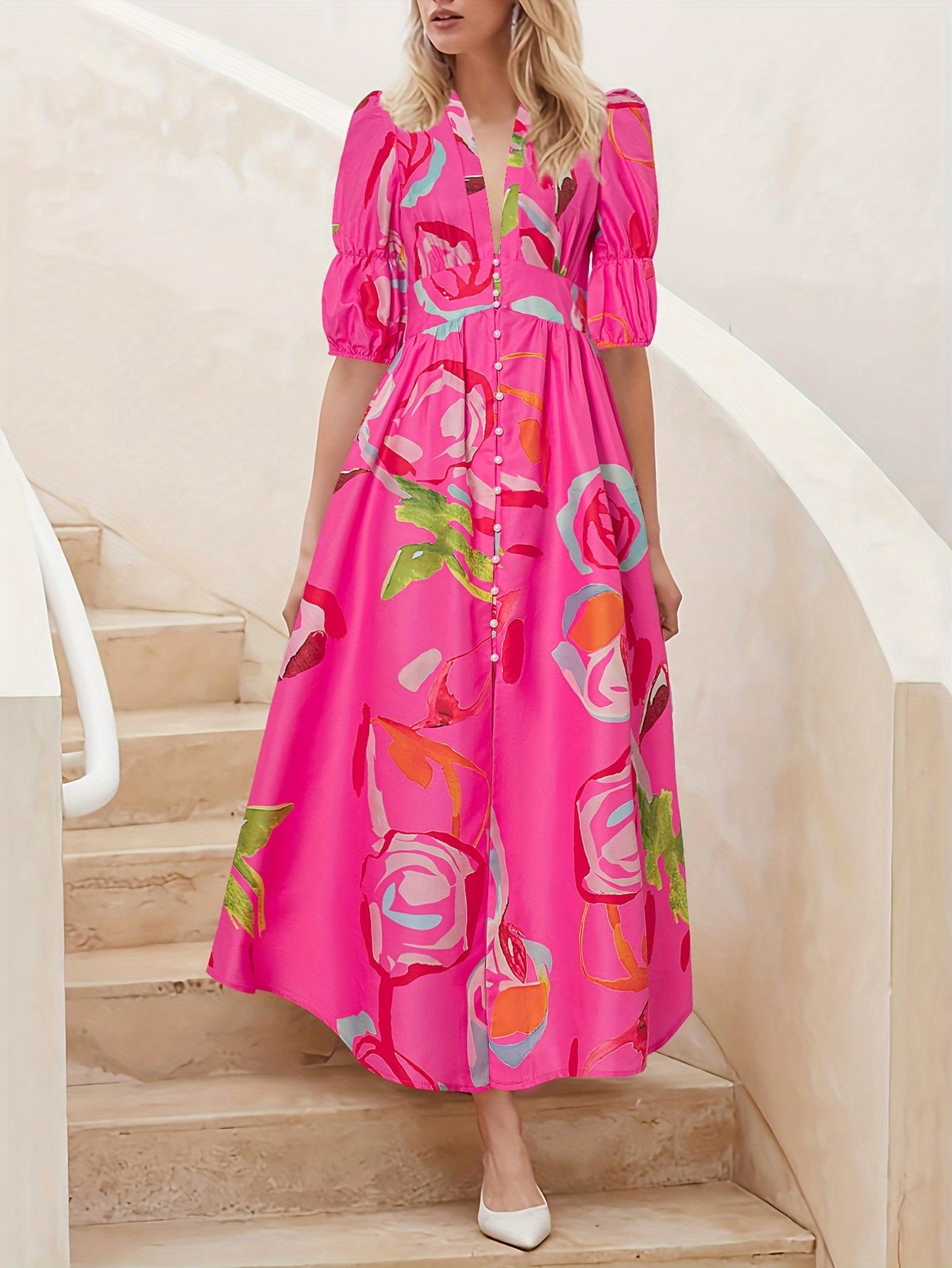 Allover Print V-neck Dress, Elegant Short Sleeve A-line Dress For Spring & Summer, Women's Clothing