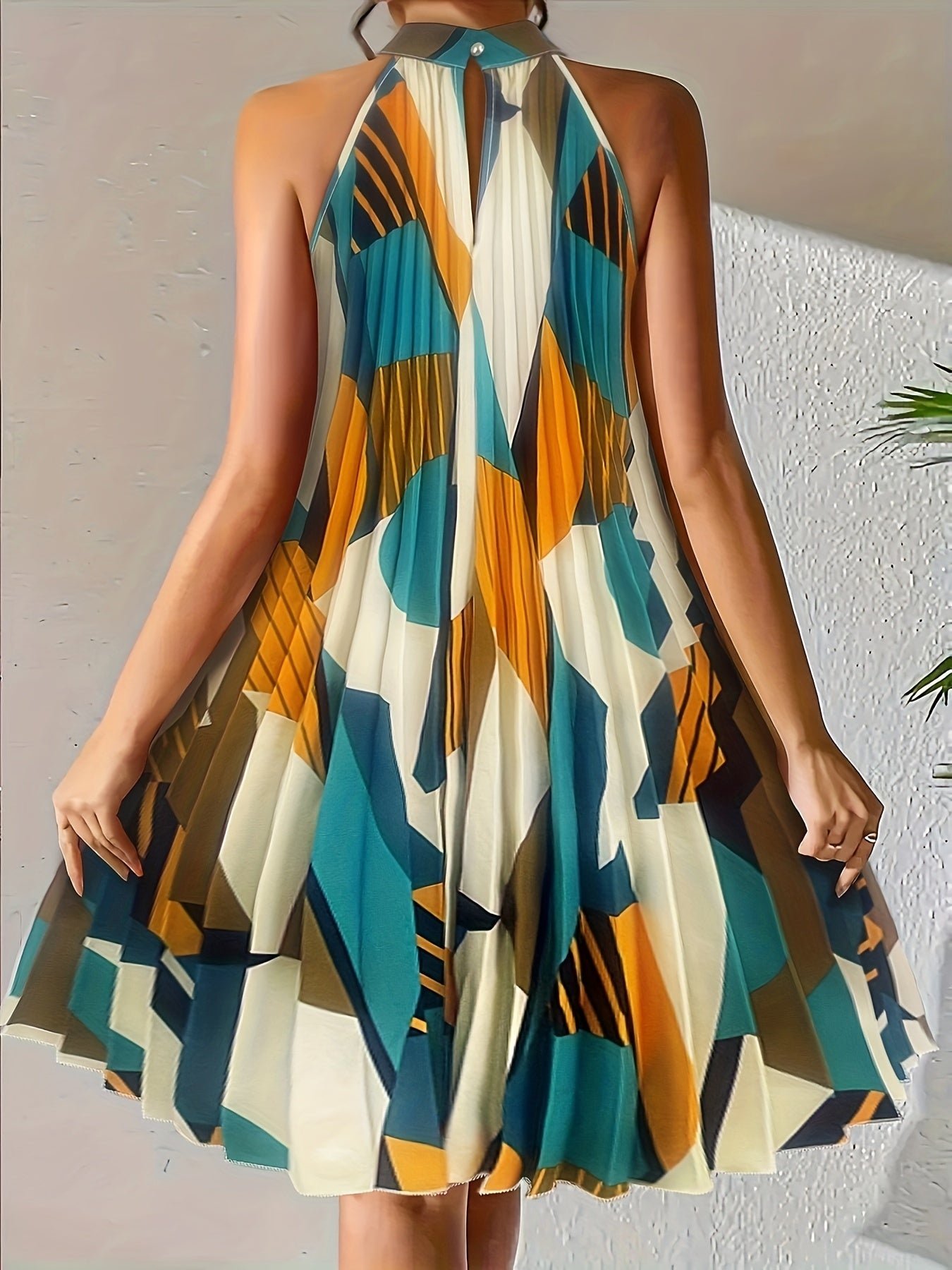 Geo Print Keyhole Back Pleated Dress, Elegant Sleeveless Colorblock Dress, Women's Clothing