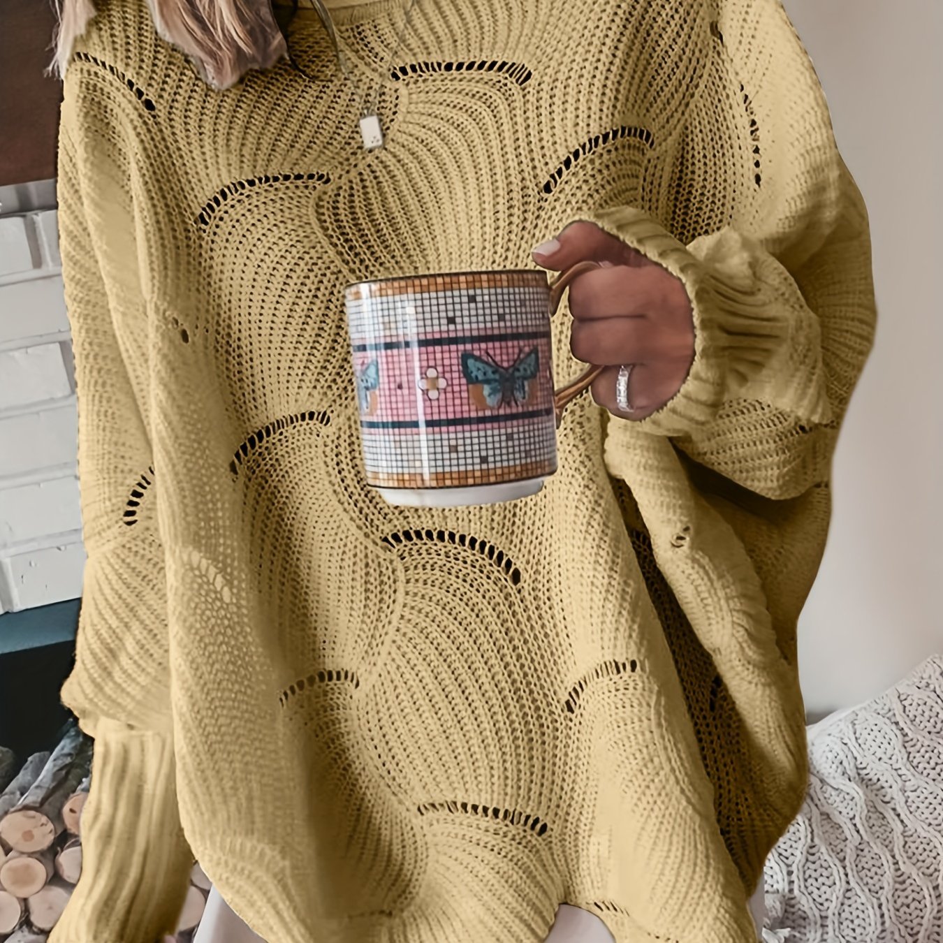 Solid Cutout Irregular Hem Knit Sweater, Casual Crew Neck Long Sleeve Pullover Sweater, Women's Clothing