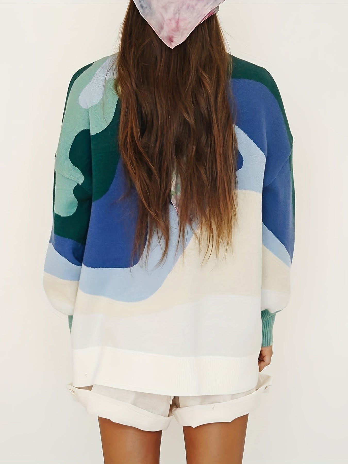 aaaa2d4199138f8c7ae18af4d222a398-1 Plus Size Casual Sweater, Women's Plus Abstract Print Long Sleeve Mock Neck Medium Stretch Pullover Jumper