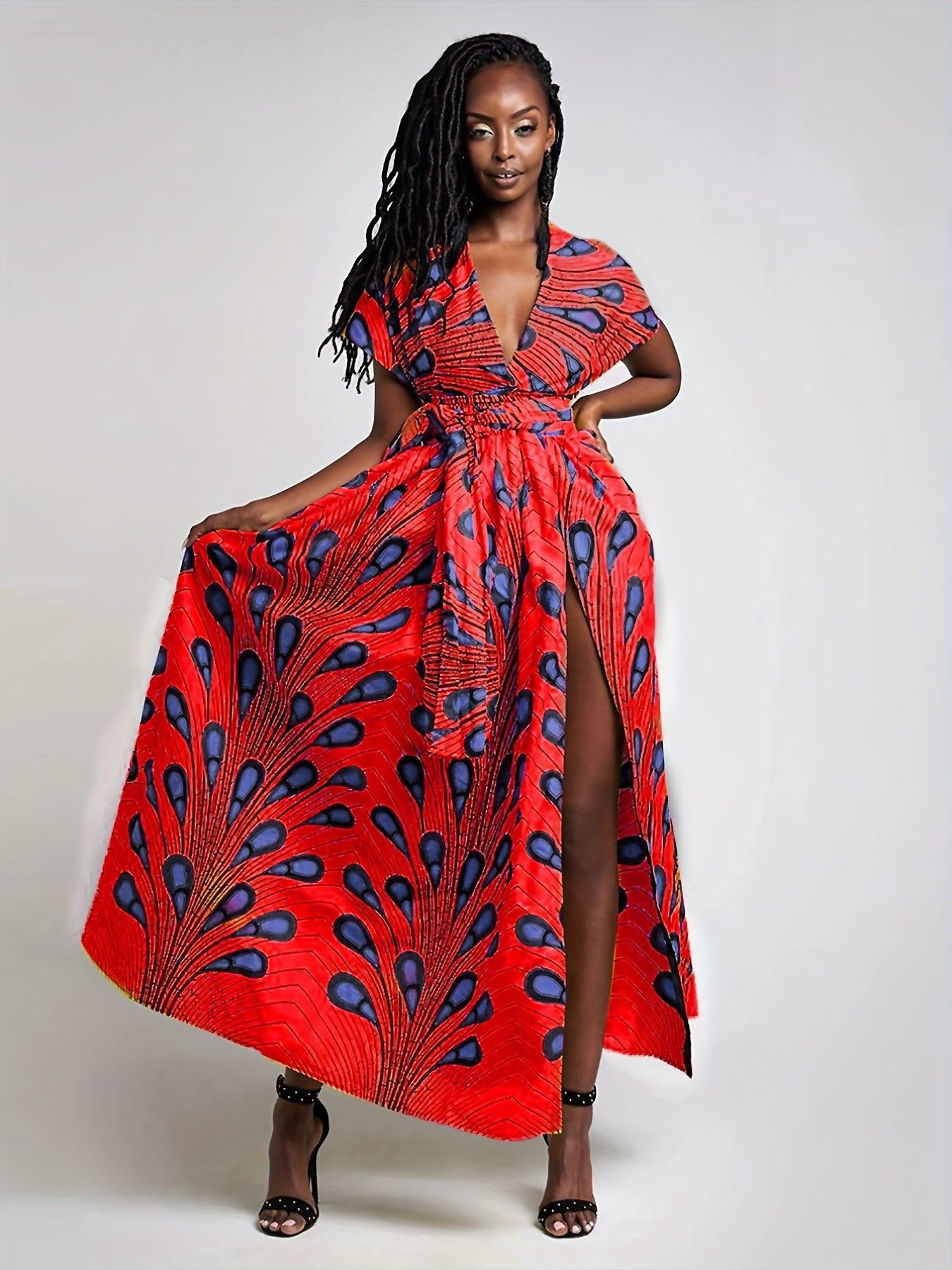 Abstract Print Split Thigh Dress, Boho Plunging High Waist Maxi Dress, Women's Clothing