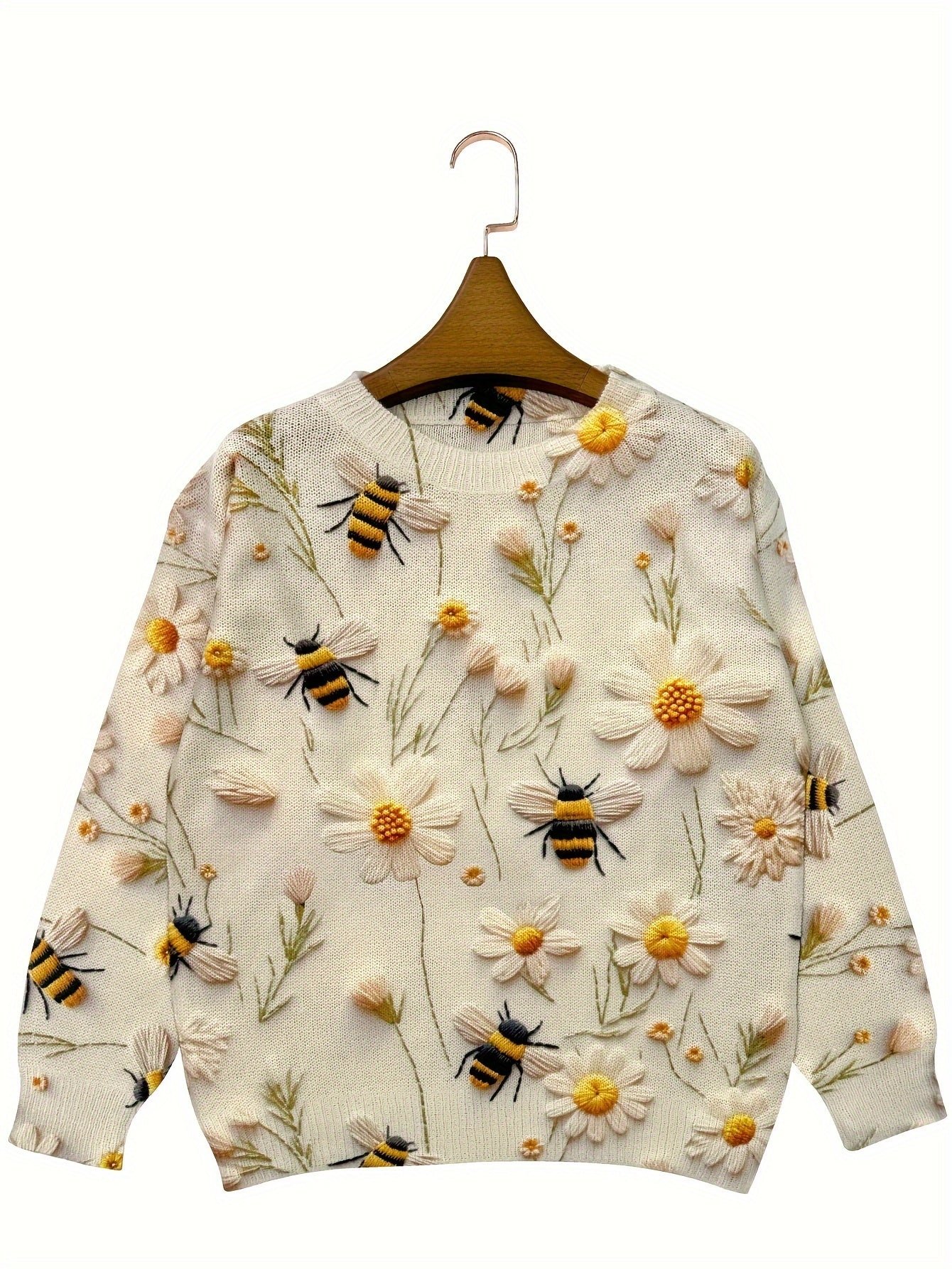 Flower & Bee Pattern Sweater, Versatile Crew Neck Long Sleeve Sweater For Spring & Fall, Women's Clothing
