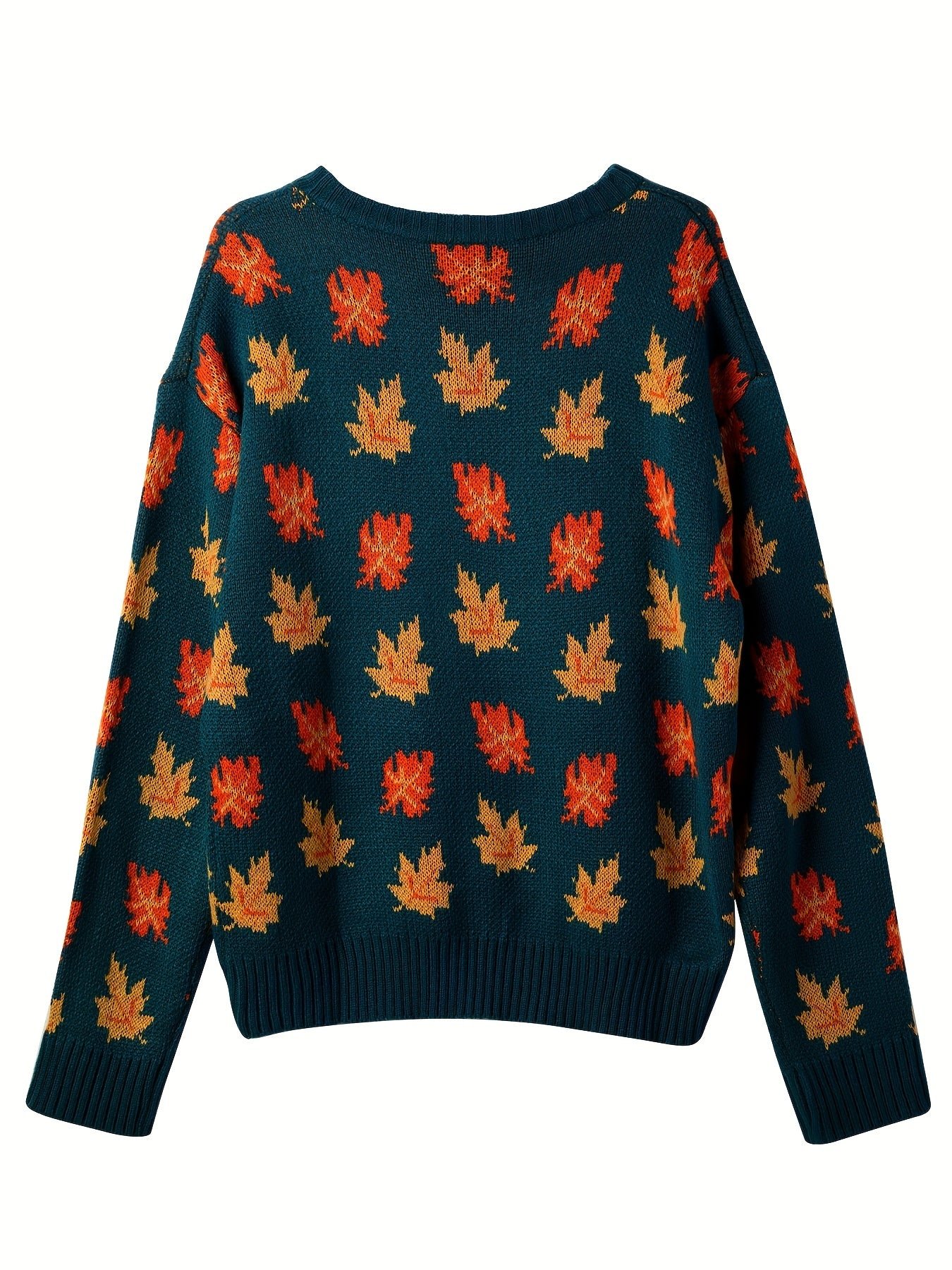 Maple Leaf Pattern Crew Neck Sweater, Casual Long Sleeve Stylish Pullover Sweater, Women's Clothing
