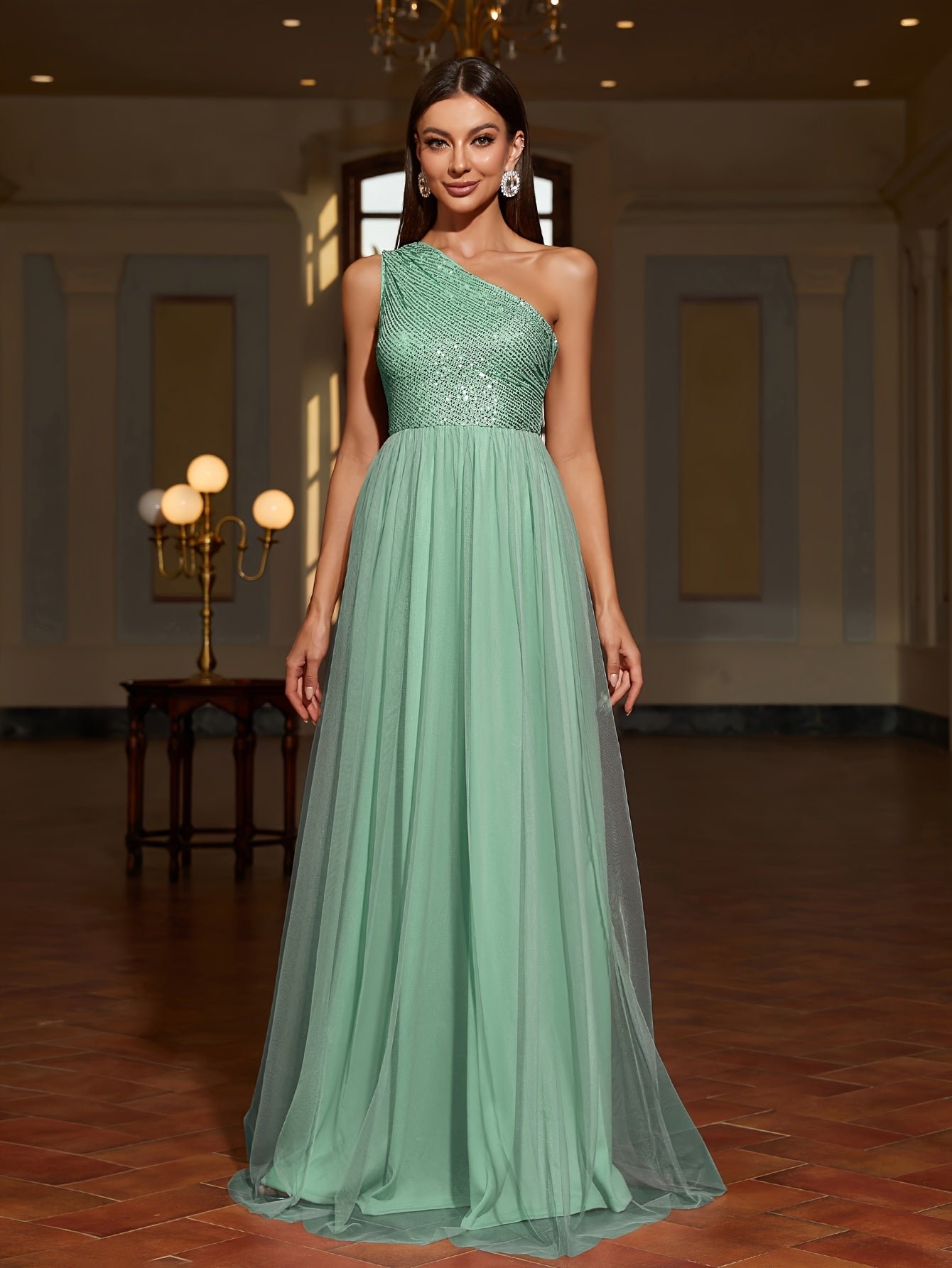 Sequin One Shoulder Contrast Mesh Dress, Elegant Sleeveless Floor Length Formal Dress For Party & Banquet, Women's Clothing For Party Dressing