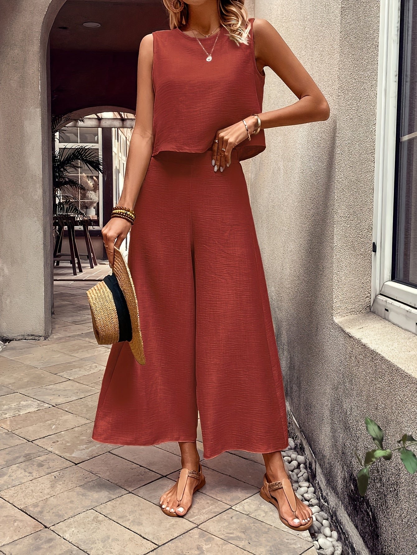 b2c48d72-4f9a-412d-93ac-a71da7e49b62-2 Elegant Solid Color Pantsuits Set, Crew Neck Tank Top & Wide Leg Pants Outfits, Women's Clothing