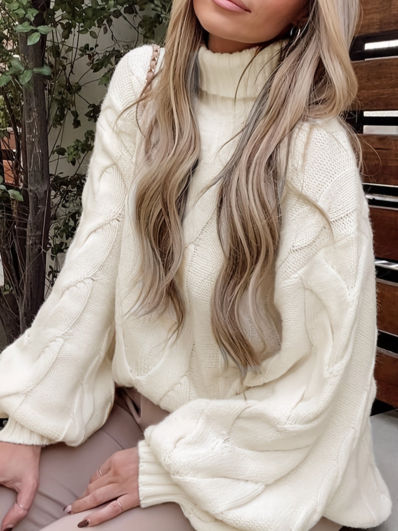 Twist Pattern Turtle Neck Pullover Sweater, Casual Lantern Sleeve Loose Sweater For Fall & Winter, Women's Clothing