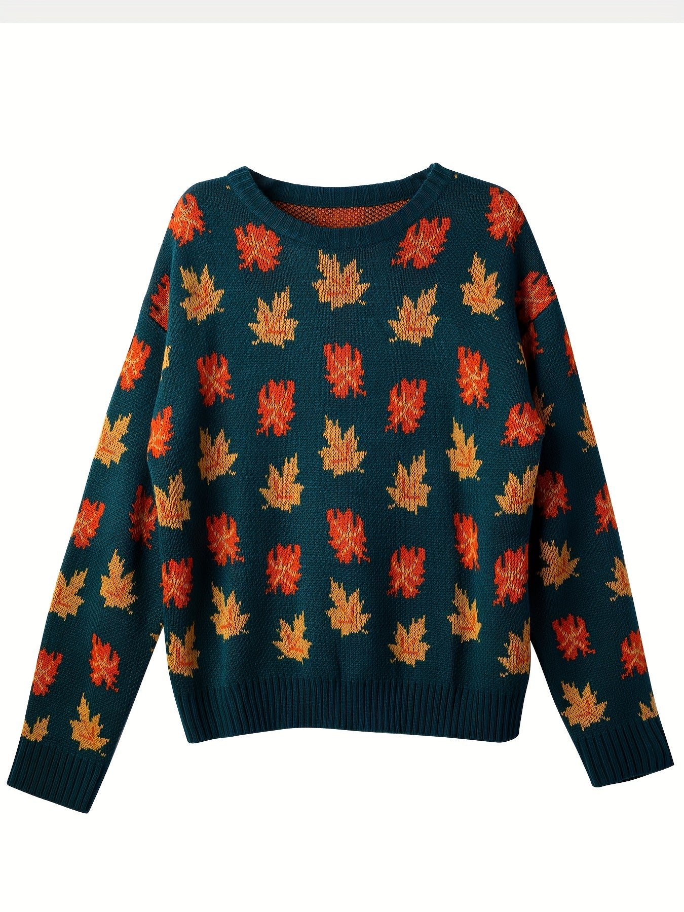Maple Leaf Pattern Crew Neck Sweater, Casual Long Sleeve Stylish Pullover Sweater, Women's Clothing