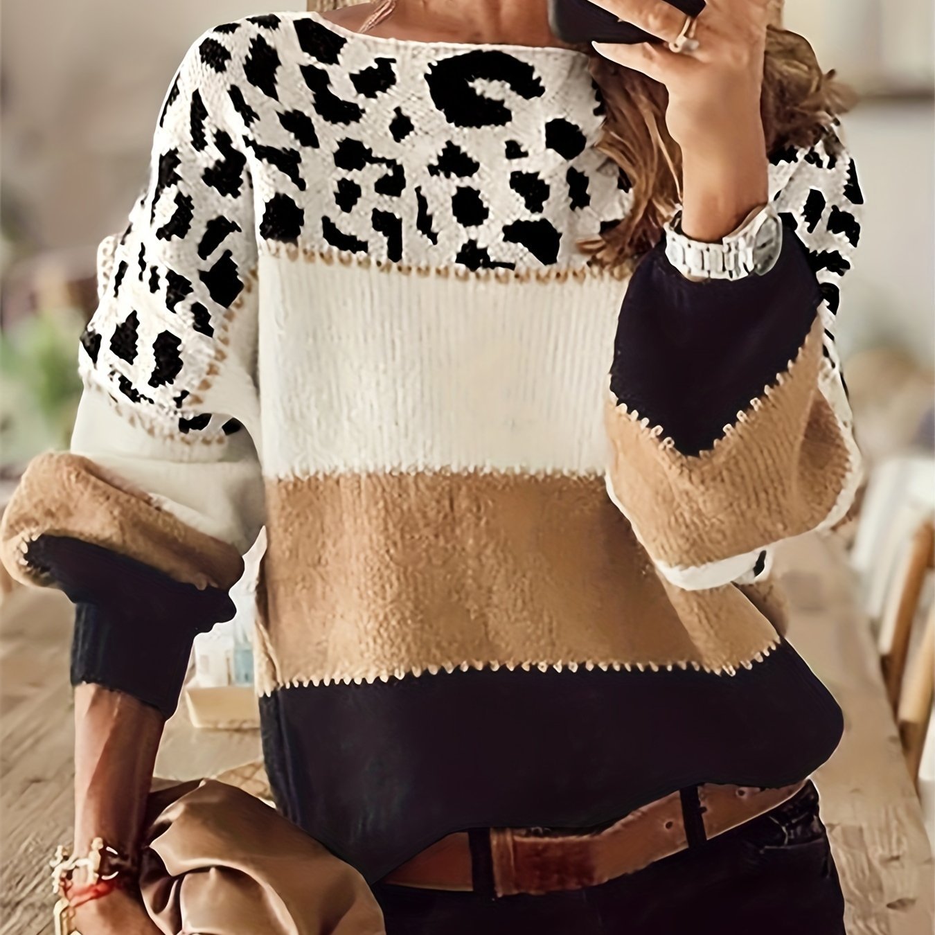 bc6df6e429de8b072a6c562652a26656 Stylish Color Block Leopard Print Sweater, Crew Neck Long Sleeve Sweater, Casual Tops For Fall & Winter, Women's Clothing