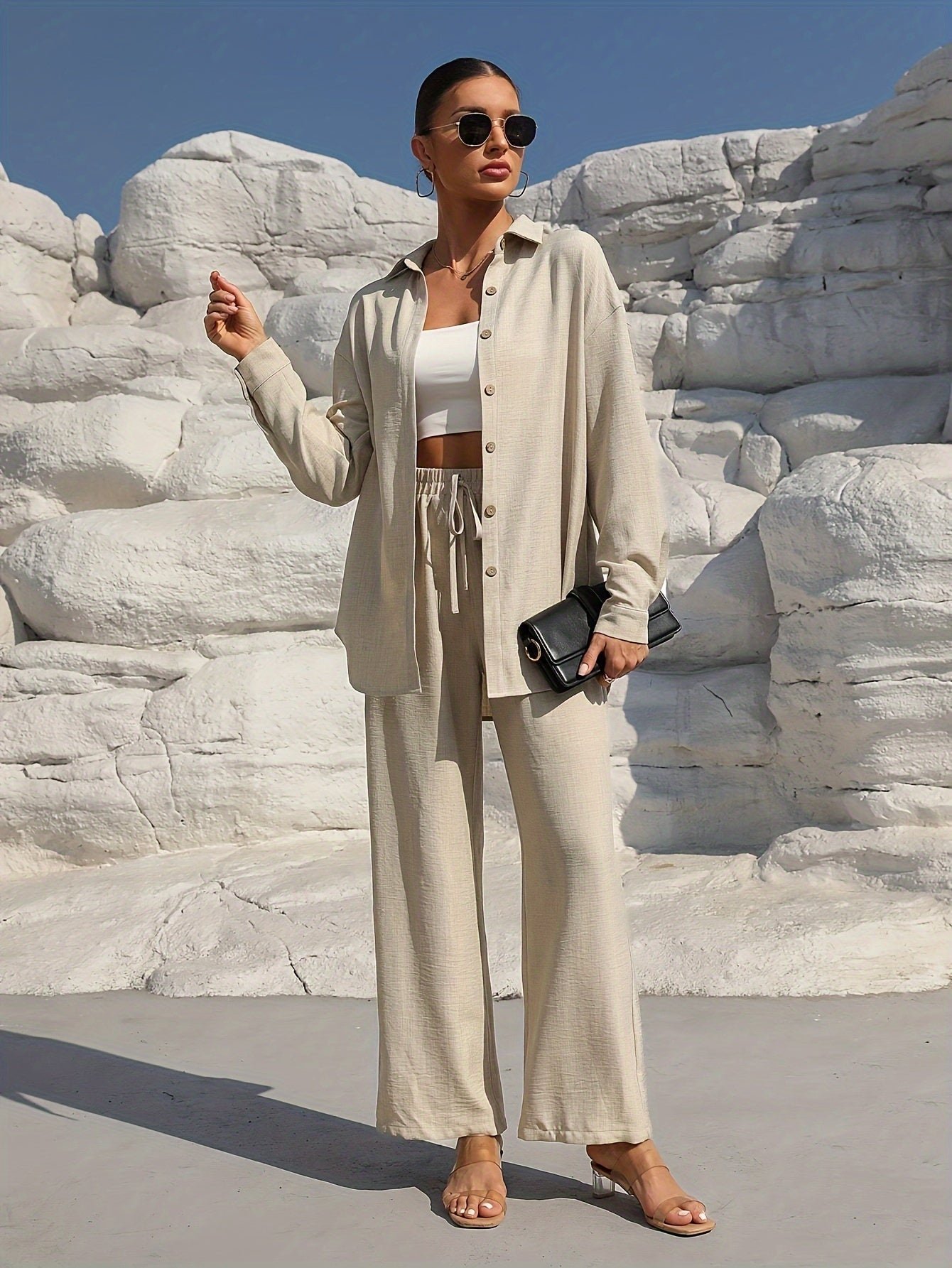 Solid Color Pantsuits Set, Button Front Long Sleeve Shirt & Wide Leg Drawstring Waist Pants Outfits, Women's Clothing
