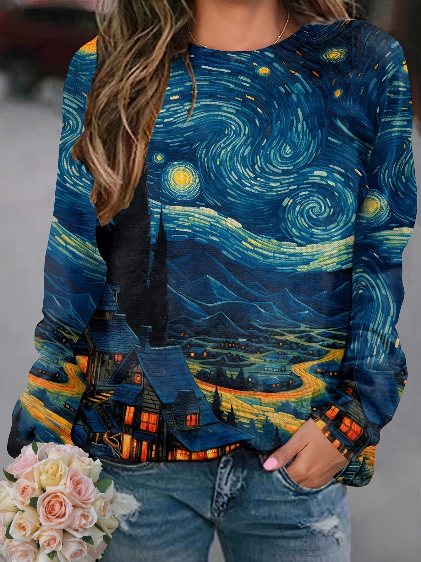 c210389e-4f3a-4463-9461-0188db7a0924-1 Star Moon Allover Print Knitted Pullover, Casual Long Sleeve Crew Neck Sweater, Women's Clothing