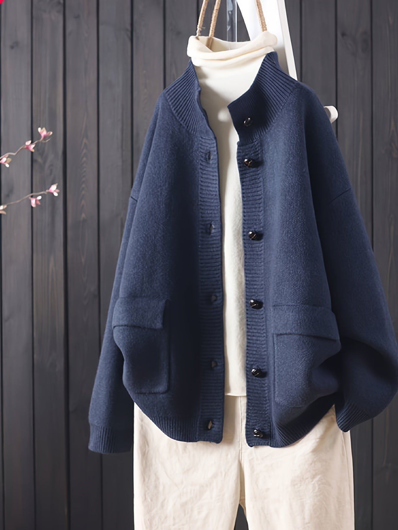 c5b9a6d4-f9da-4114-a4ab-541b990e2434-1 Solid Color Button Front Knitted Cardigan, Casual Long Sleeve Cardigan For Fall & Winter, Women's Clothing