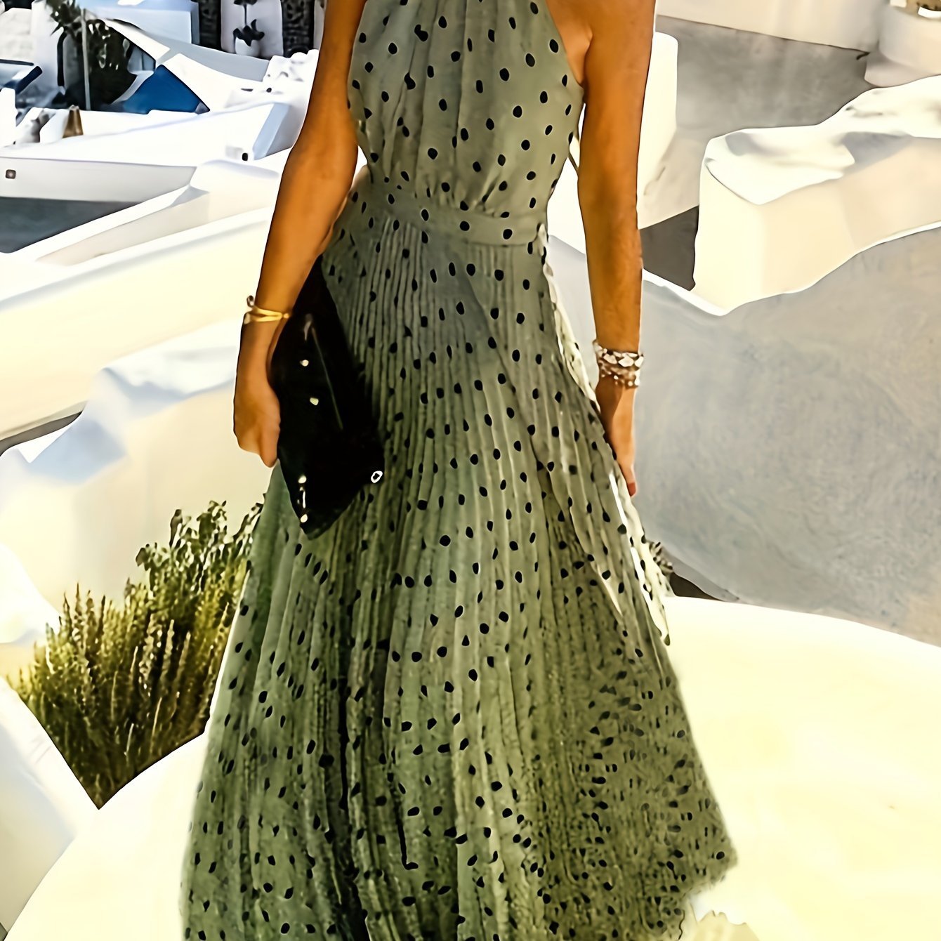 Polka Dot Print Halter Neck Dress, Vacation Style Sleeveless Pleated Maxi Dress For Spring & Summer, Women's Clothing