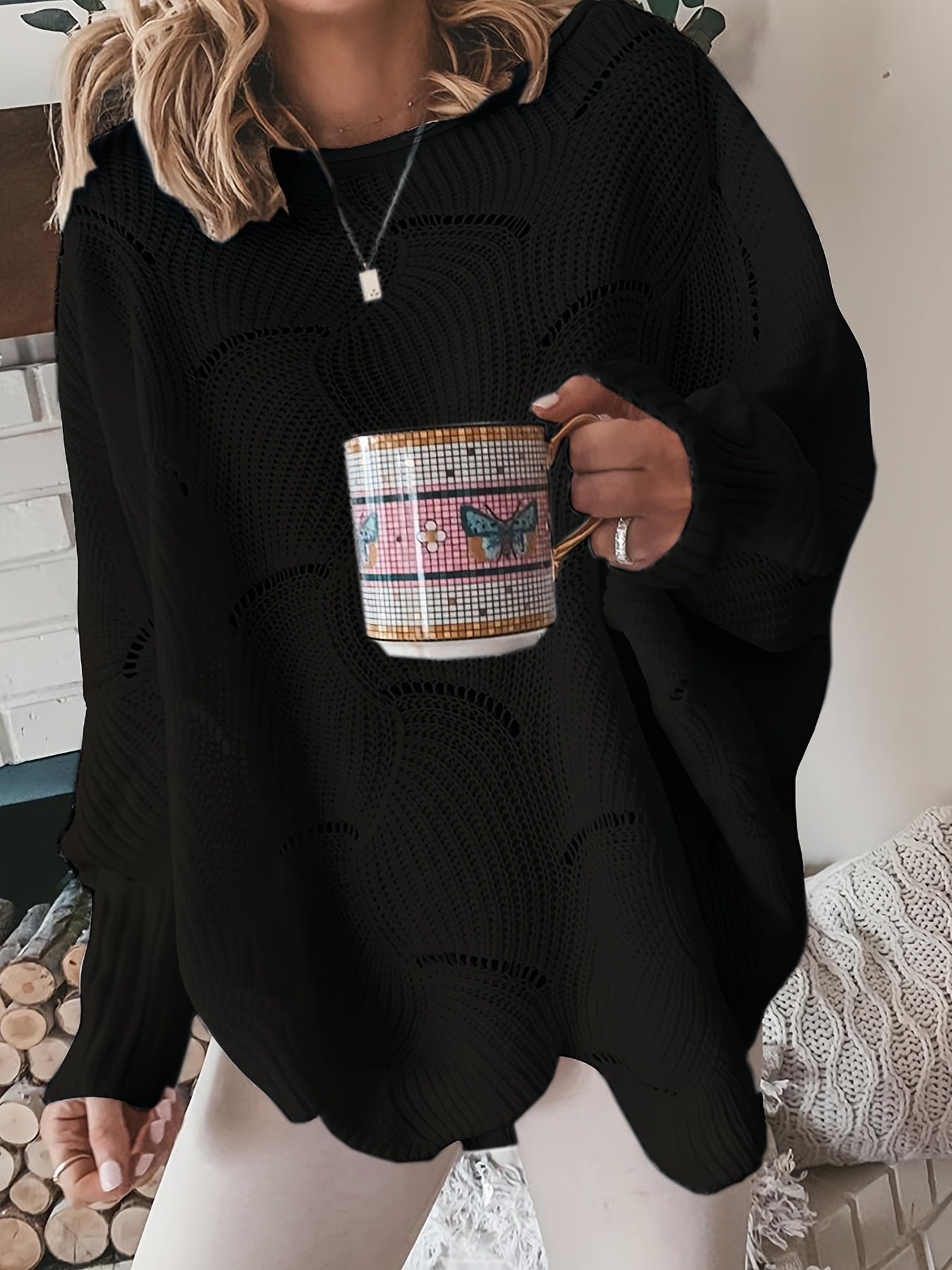 Solid Cutout Irregular Hem Knit Sweater, Casual Crew Neck Long Sleeve Pullover Sweater, Women's Clothing