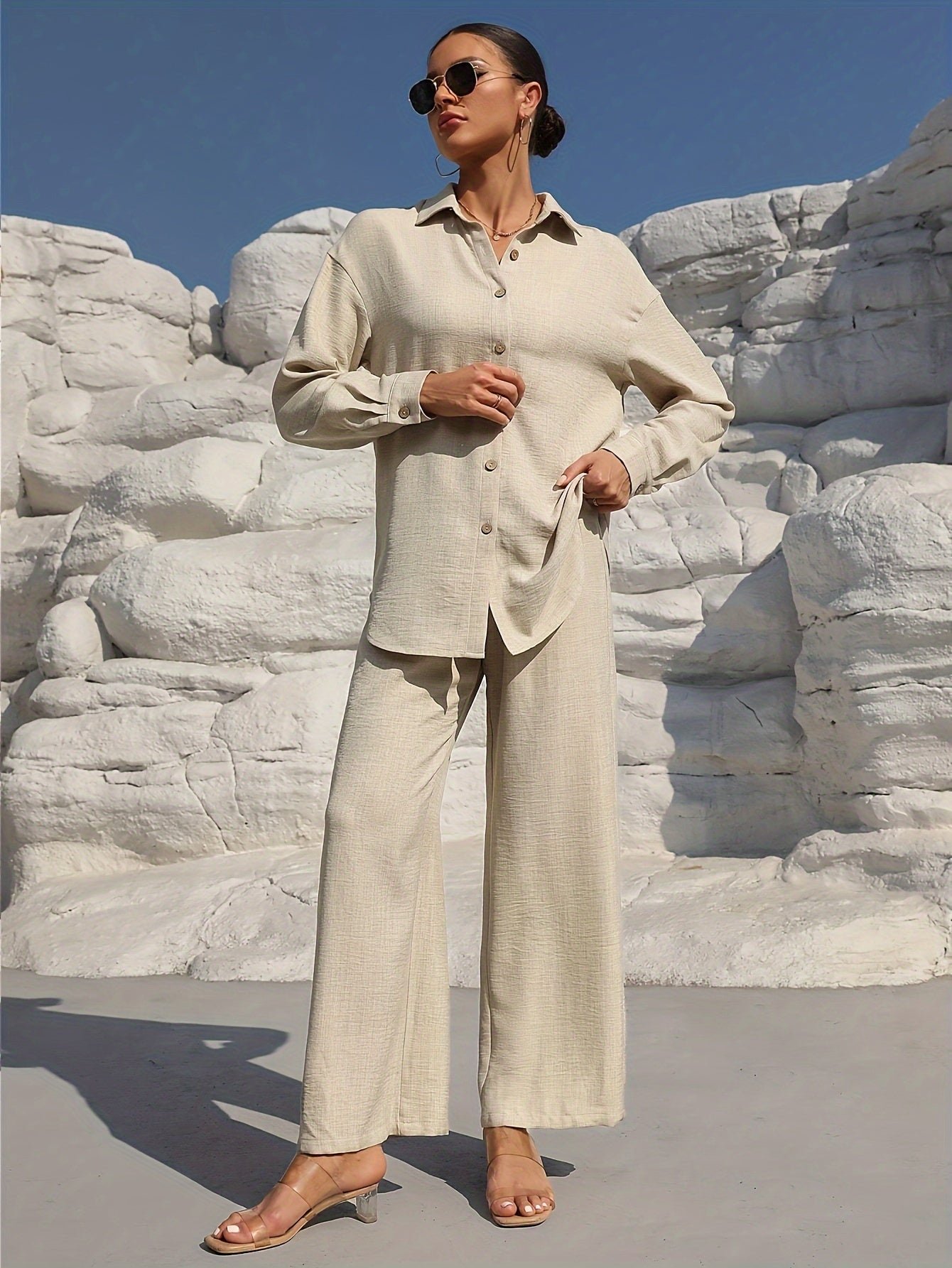 Solid Color Pantsuits Set, Button Front Long Sleeve Shirt & Wide Leg Drawstring Waist Pants Outfits, Women's Clothing