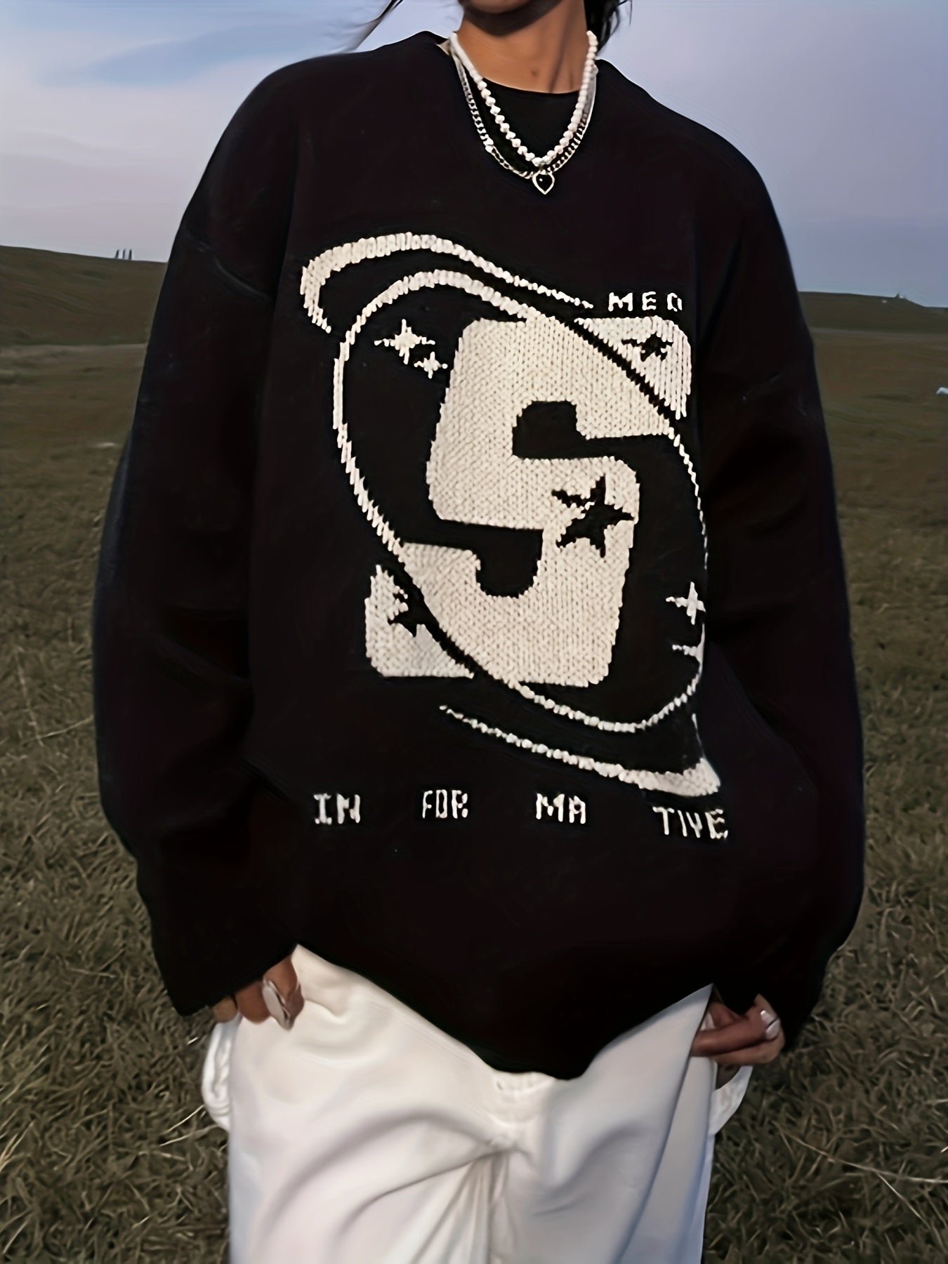 Letter Pattern Crew Neck Pullover Sweater, Casual Long Sleeve Sweater For Fall & Winter, Women's Clothing