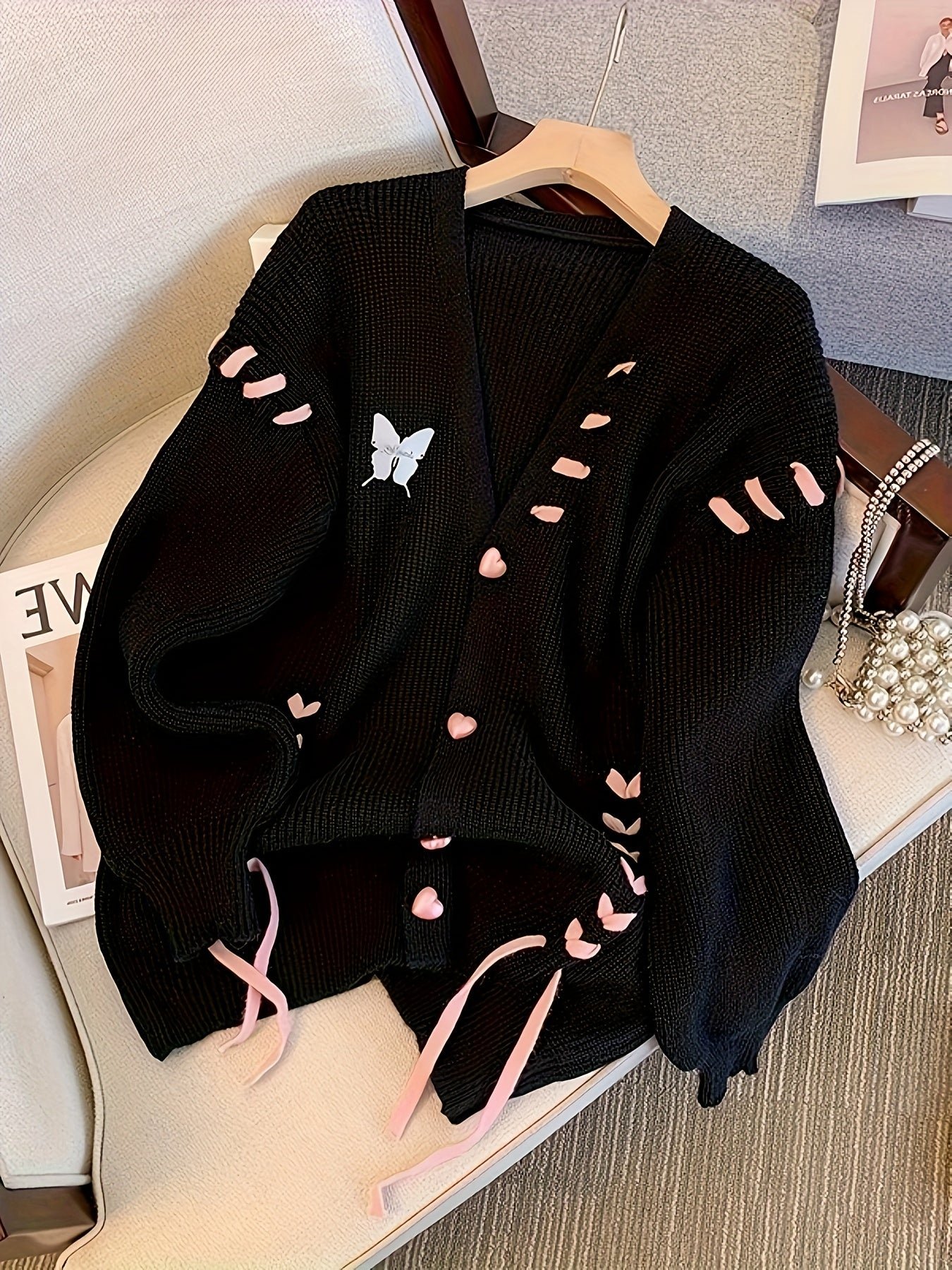 Lace Up Button Down Knit Cardigan, Casual Long Sleeve Loose Sweater, Women's Clothing