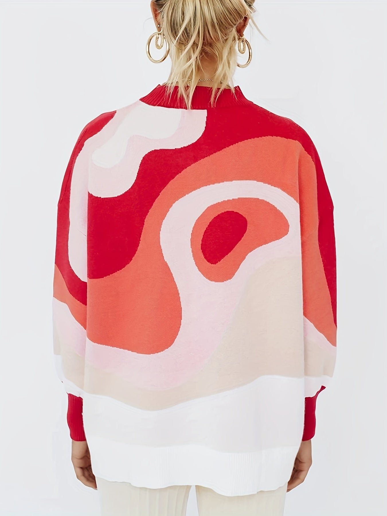 d39e2cb84fd3460bb605dde40050ec9f-1 Plus Size Casual Sweater, Women's Plus Abstract Print Long Sleeve Mock Neck Medium Stretch Pullover Jumper