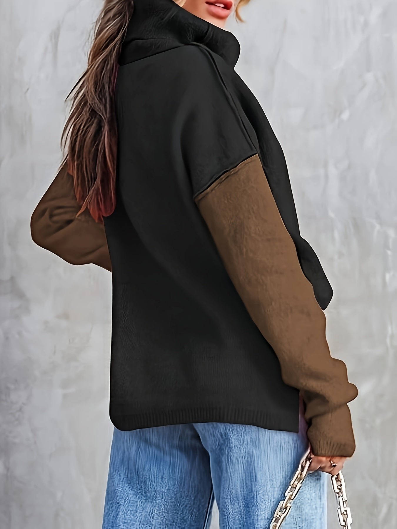 da6ced47a476212667c22fc7e470ea35-1 Color Block Turtle Neck Pullover Sweater, Casual Long Sleeve Split Side Sweater For Fall & Winter, Women's Clothing