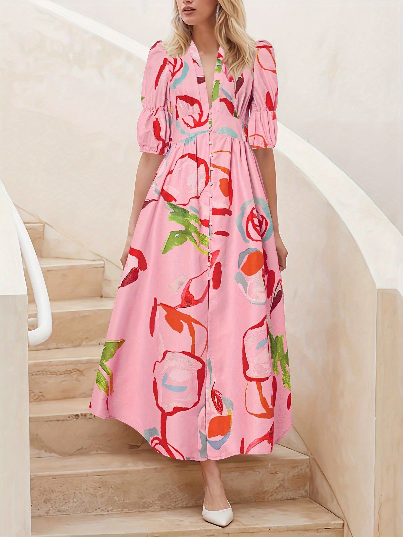 Allover Print V-neck Dress, Elegant Short Sleeve A-line Dress For Spring & Summer, Women's Clothing