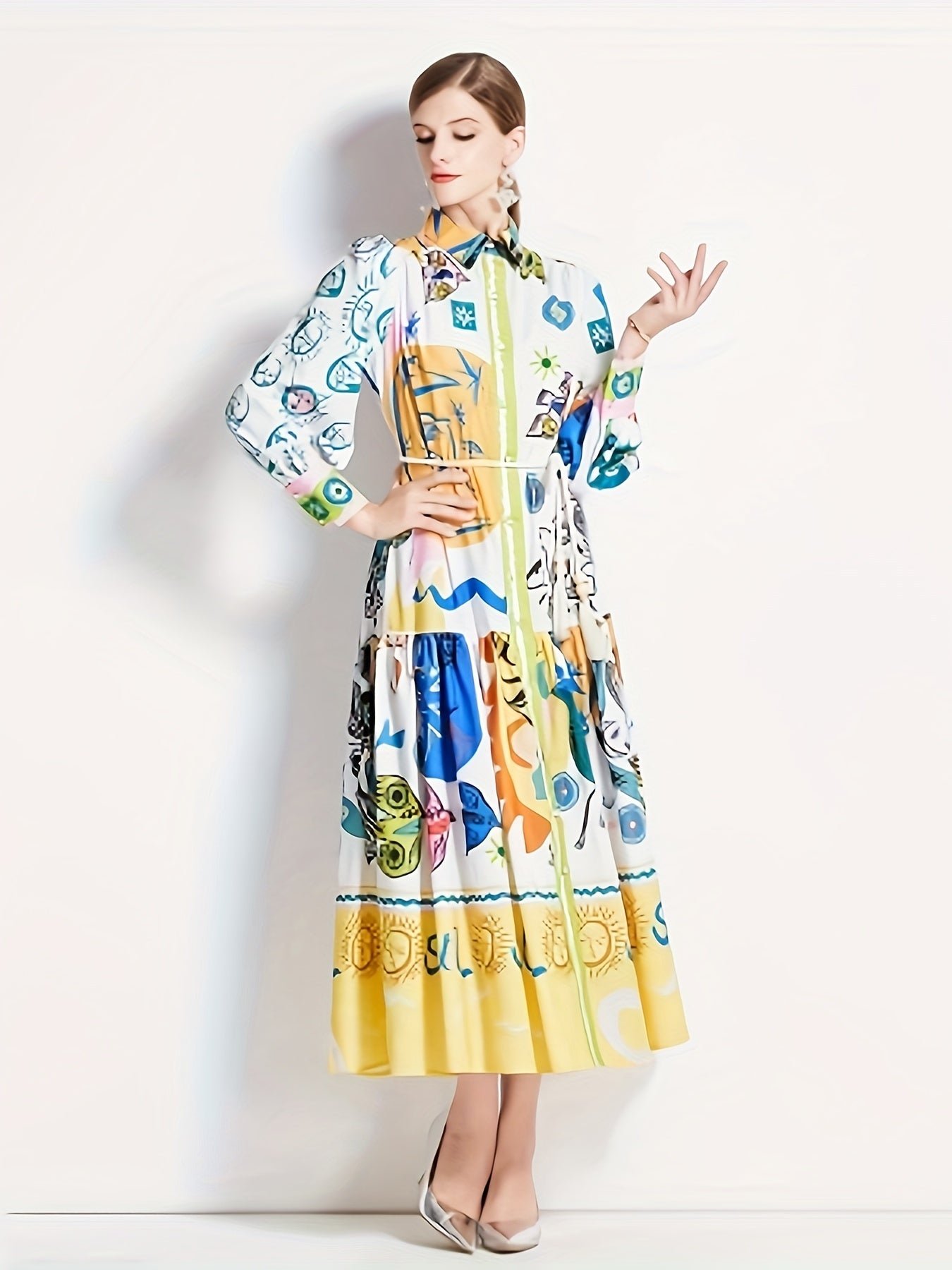 Graphic Print Button Front Dress, Casual Long Sleeve Tie Waist Dress For Spring & Fall, Women's Clothing