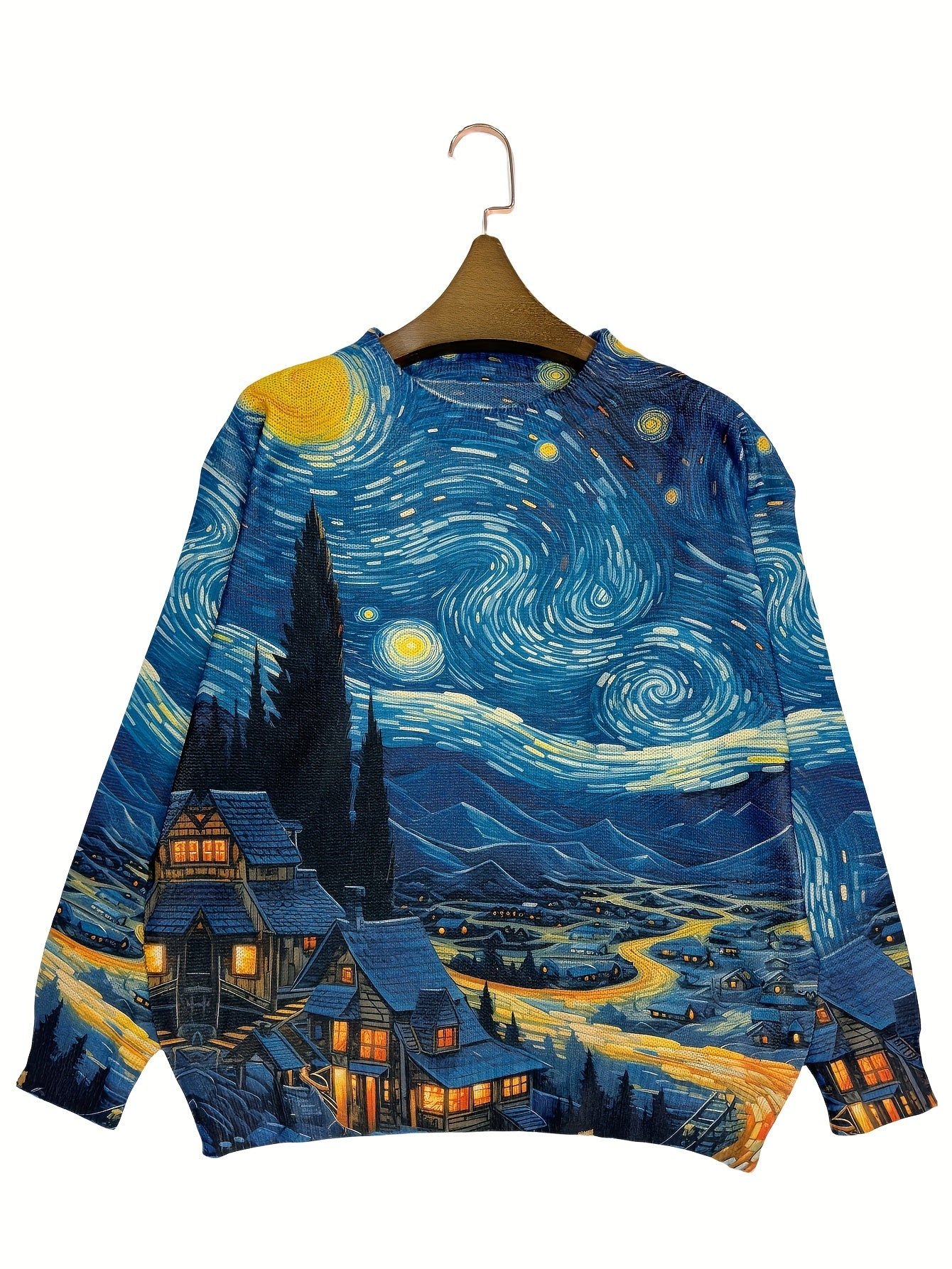 Star Moon Allover Print Knitted Pullover, Casual Long Sleeve Crew Neck Sweater, Women's Clothing