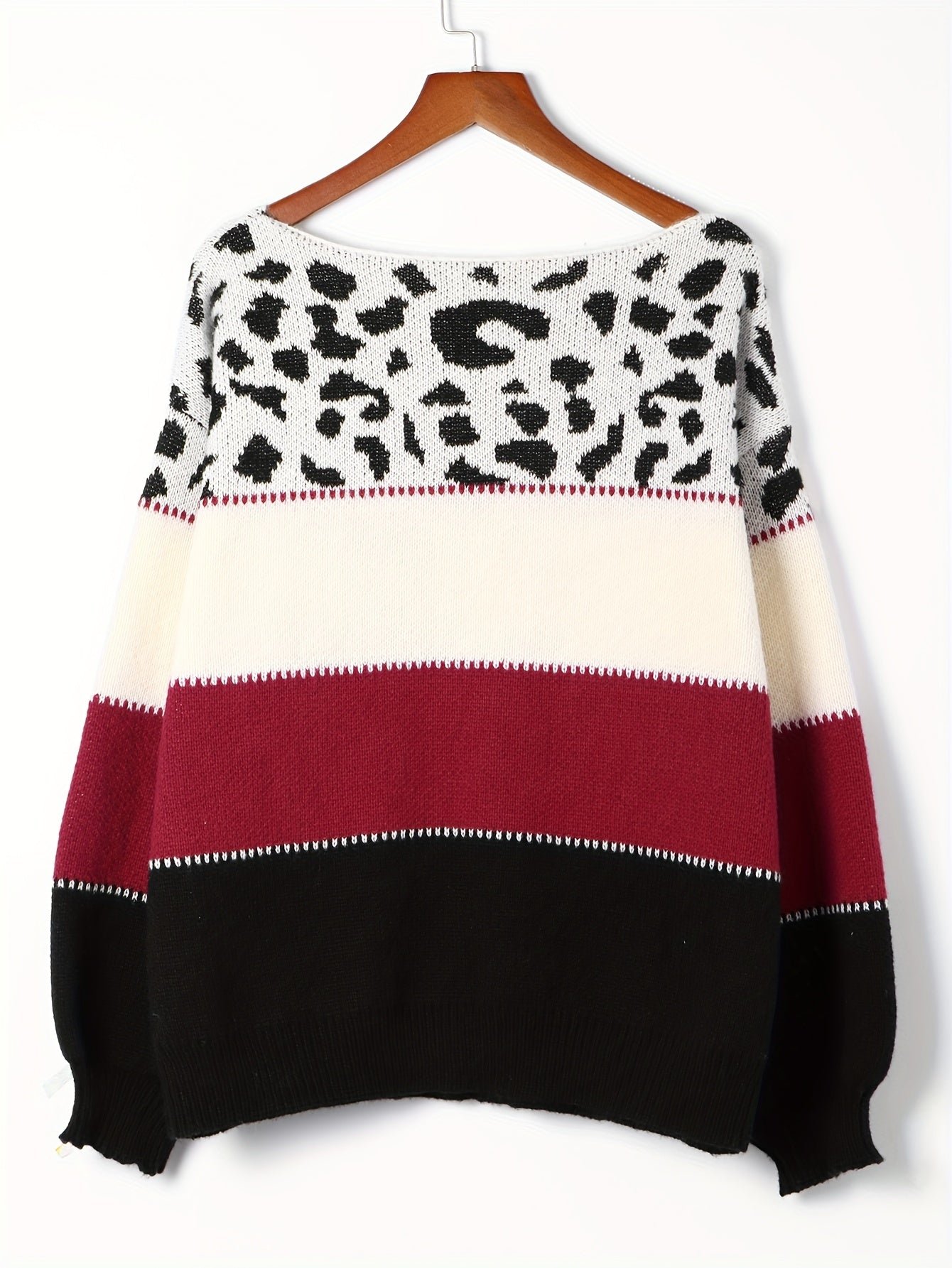 e875be0705d488b9b261770ff77ba1f4 Stylish Color Block Leopard Print Sweater, Crew Neck Long Sleeve Sweater, Casual Tops For Fall & Winter, Women's Clothing
