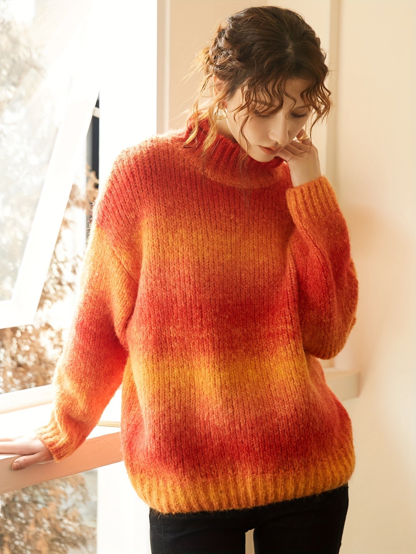 Color Block Drop Shoulder Sweater, Casual Turtle Neck Long Sleeve Sweater For Fall & Winter, Women's Clothing