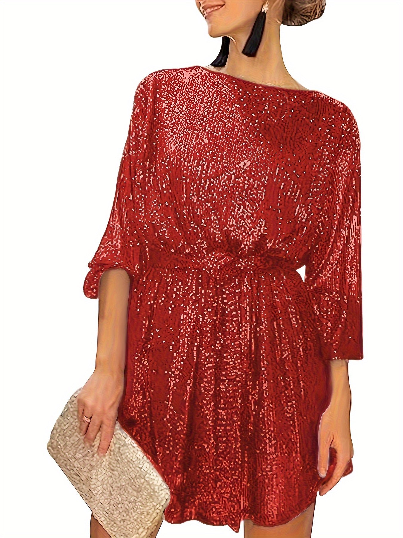 Sequined Tie Waist Dress, Elegant Solid Dress For Club & Party, Women's Clothing