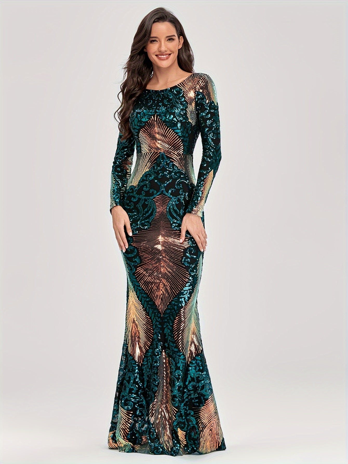 ed296164-c178-4b2e-b489-b9923e527cb3-1 Sparkling Sequin Crew Neck Cocktail Dress, Elegant Long Sleeve Mermaid Dress For Party & Banquet, Women's Clothing Wedding/Evening dress/Occasion/Engagement/Ceremony