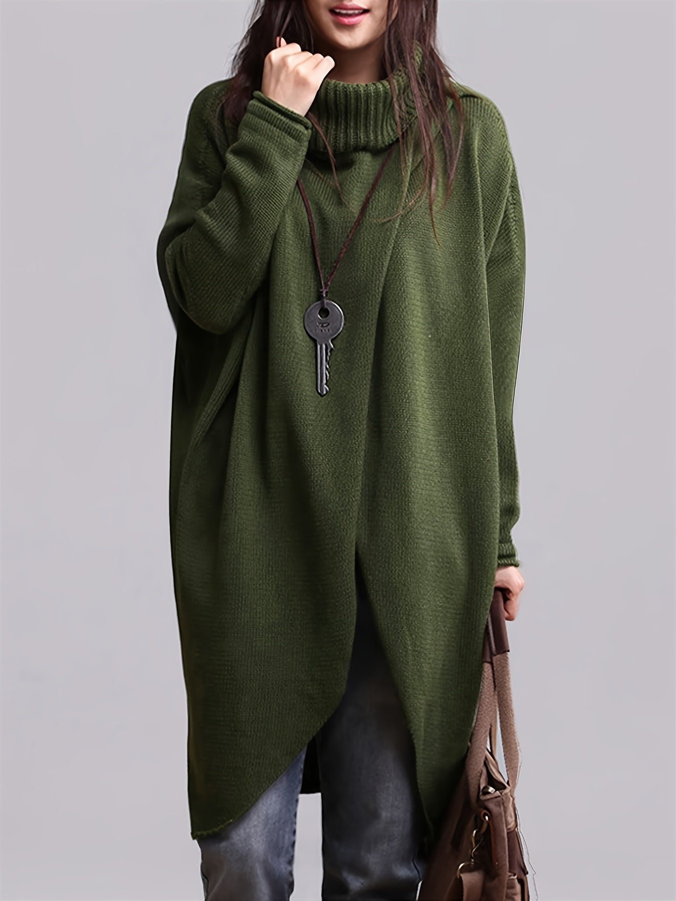 ef725c9b-401f-4042-bde7-c31b38cd19e7-1 Solid Color Turtle Neck Sweater, Casual Long Sleeve Asymmetric Hem Long Length Sweater For Fall & Winter, Women's Clothing